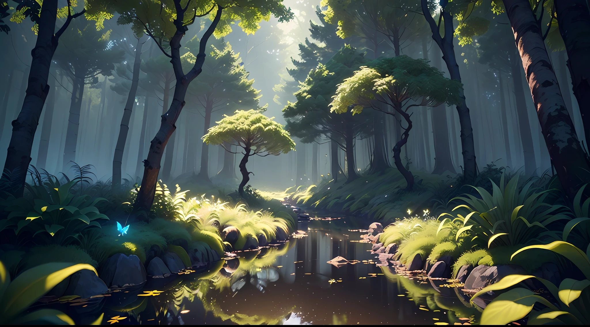 A masterpiece, the best quality, stunning reflections, the best reflections ever. (very detailed CG unity 8k wallpapers), (best quality), (best illustrations), (best shadows), forest theme with natural elements. Tall trees, quiet streams, small glowing mushrooms surrounded by delicate leaves and branches, with fireflies and glowing particle effects,, (natural elements), (jungle theme), (leaves), (twigs), (fireflies), butterflies, (delicate leaves), (glow), (particle effects). , Isometric 3D, Octane Rendering, Ray Traced, Super Detailed