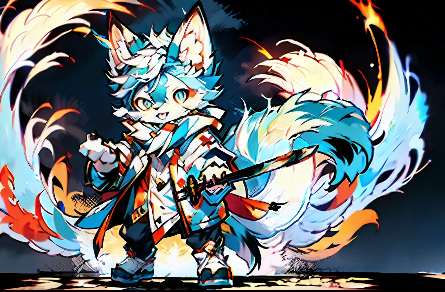Anime style White Arctic Fox Junior Battle-hardened Trained with a long-bladed weapon Full body United