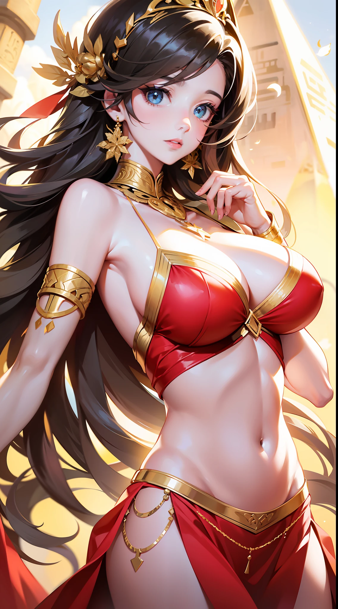 tmasterpiece,(best qualtiy:1.2),(super-fine:1.2),illustratio,(Extremely refined and beautiful:1.2),Movie Angle,floatking,1个Giant Breast Girl,Belly dancer,(beatiful detailed eyes:1.1),(Detail light:1.1),电影灯光,Exquisite sky,woman,Red lace dancer dress,golden ornaments,nipple tassels,cross-laced,Broad bare back,glowing light eyes,springtime,(Light particles:1.1),A plant,View of the Egyptian pyramids,Octopath Traveler style,posing on a,Side lens