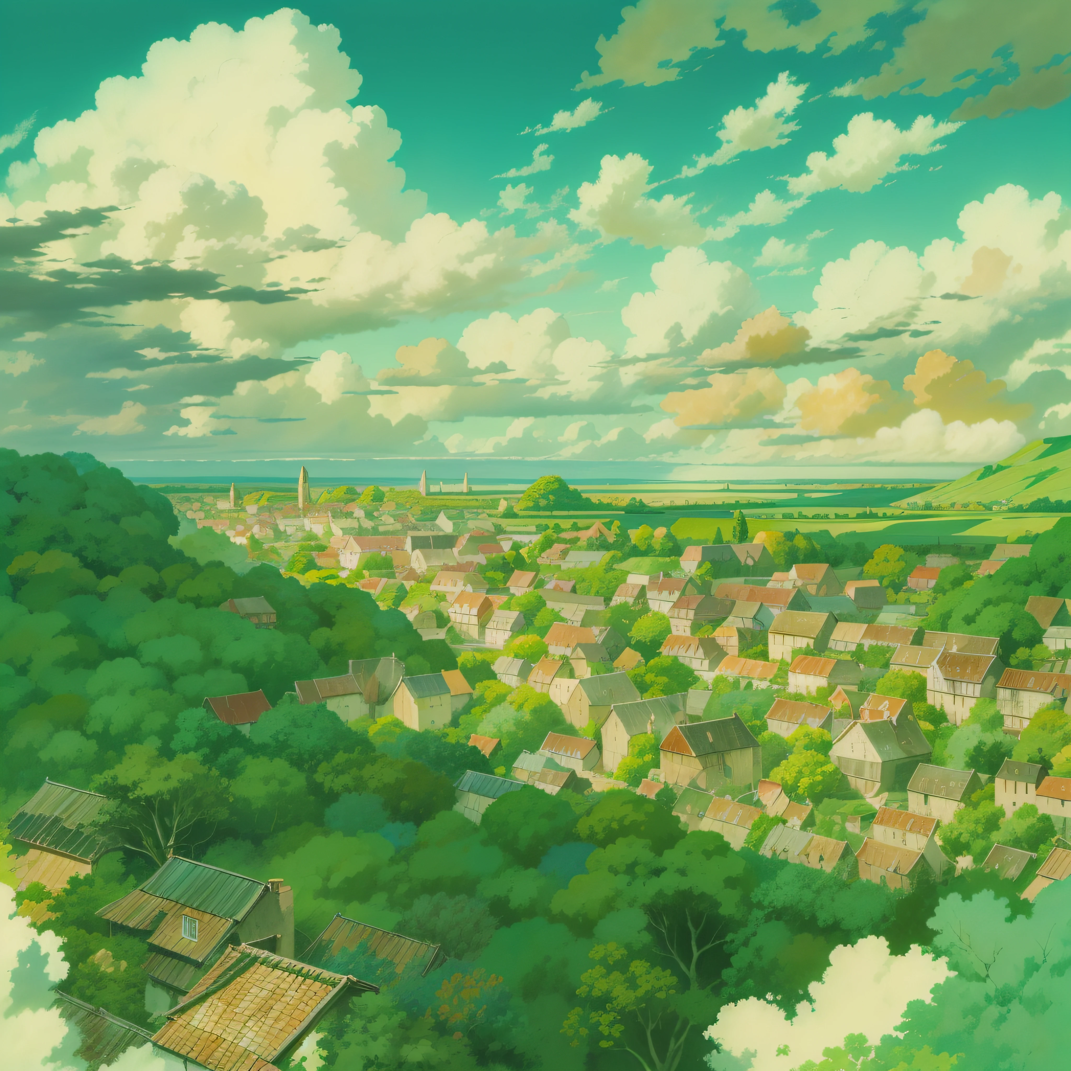 animesque、Skyscape with clouds、Landscape without buildings、You can see the touch of the brush、Studio Ghibli、Ghibli、a sultry、the ground is wet、Scenery、Style、Golden Time、sky line