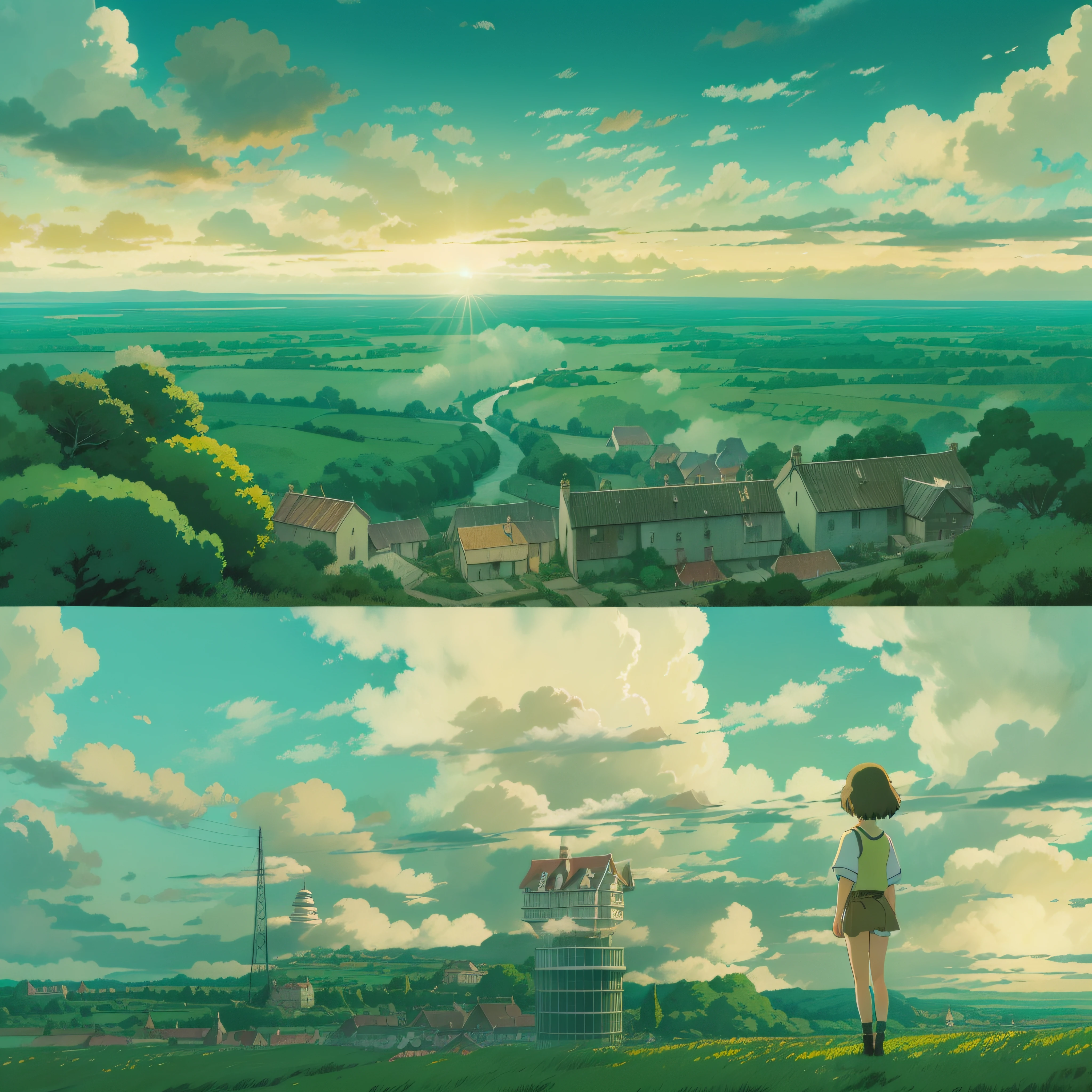 animesque、Skyscape with clouds、Landscape without buildings、You can see the touch of the brush、Studio Ghibli、Ghibli、a sultry、the ground is wet、Scenery、Style、Golden Time、sky line