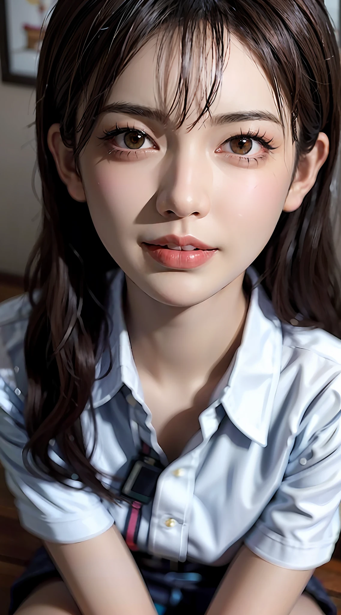 Black hair, (long hair), black eyes, (glowing eyes), (white thighs: 1.2), orgasmic face, seduction, eroticism, seductive look, black face, charming, blush, shy, disgusted, disgusted, (medium), played badly, looking at someone, oh hey face, comfortable, screaming, opening mouth, drooling, sexual convulsions, White skin, red, rosy face, sweat, wet body, color, alone, crying on the ground in school uniform, duck sitting, desire frustration, loneliness, caress, sexual pleasure, enduring pleasure, elk-off, attractive facial expression, (detail depiction of crying on the ground in school uniform), (duck sitting detail depiction front), detail depiction, bust (masterpiece), (close-up), (highest quality), very detailed, exquisite, beautiful, (close-up), (close-up), ( Beautiful girl), (collar, collar), (detailed pink areola nail: , (delicate depiction of skin), (voluminous skin: 1.4), 8k wallpaper in first-class CG quality, realistic, master level, masterpiece, portrait, center, display lens, beautiful Chinese and Korean mixed idol, (super detailed description face and face details), (blush), lip biting makeup, sweet smile, perfect facial features, red eyes, Blind band + hair above one eye, (ruby nail). fat_ Mons, Cameltou,