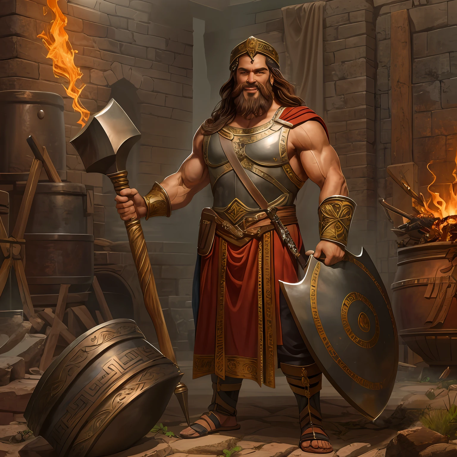"God of smith and craftman, With brown hair and brown beard, Is musclar, Looks proud and confident, Wears a greek tunic, Holds a big iron hammer, master of furnace and fire, Smiling with a red face", Anvil, Pincers, Furnace, Flame, Weapons, Greek Armors, Greek helmets, Shields, Thunderbolts, Workshop, Greek mythology, Super high quality, Super accurate description of hands, HDR, Photorealistic, Super detail, Masterpiece, 8K
