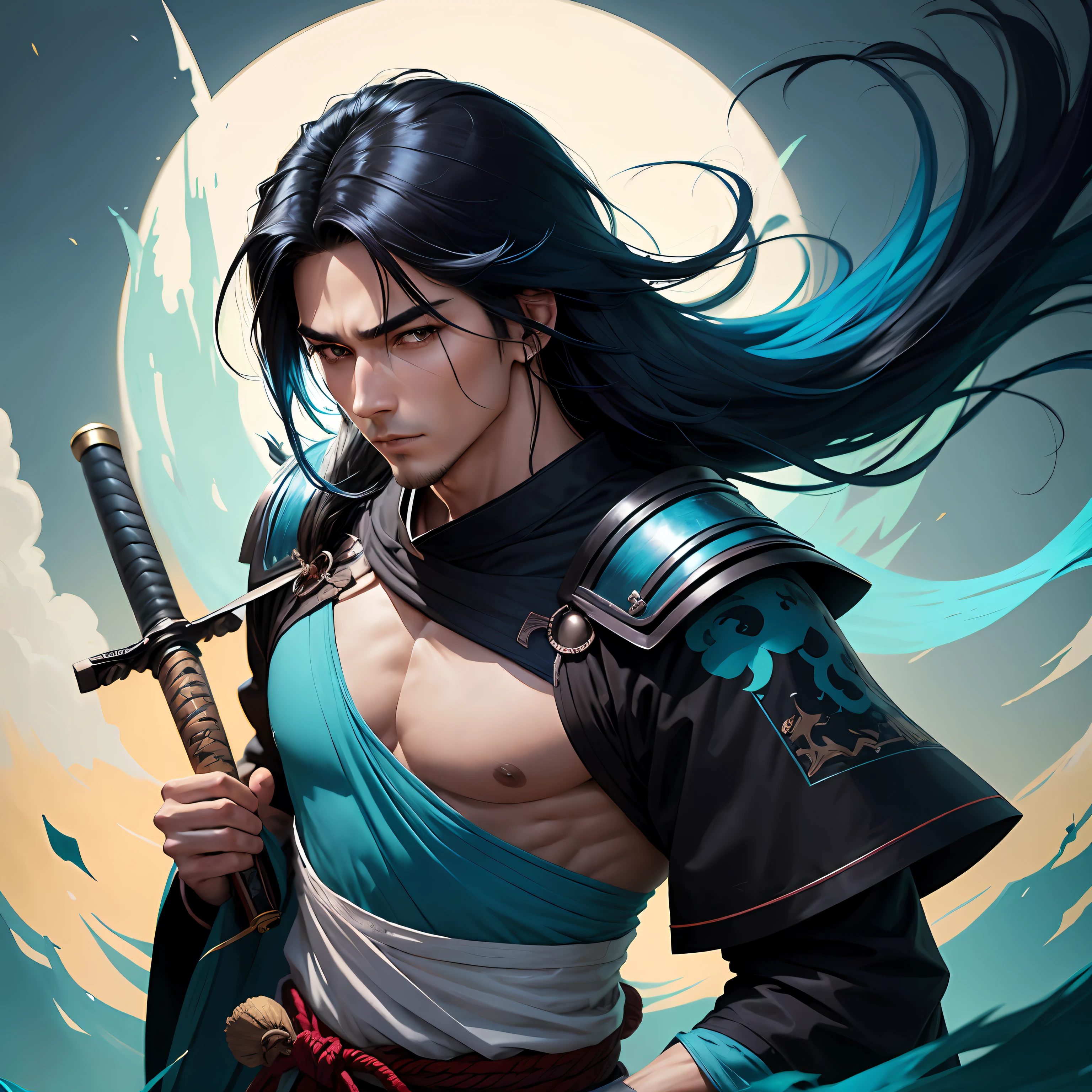 Black shoulder-length hair,The ends of the hair are cyan and dyed,Handsome,A patient expression,light laughter,strong,Male teenager,holding samurai sword,Wears cyan haori,anime big breast,Ghibli-like colors,god light,Anime style,super detailing,tmasterpiece,Award-Awarded,Anime comic style , --auto