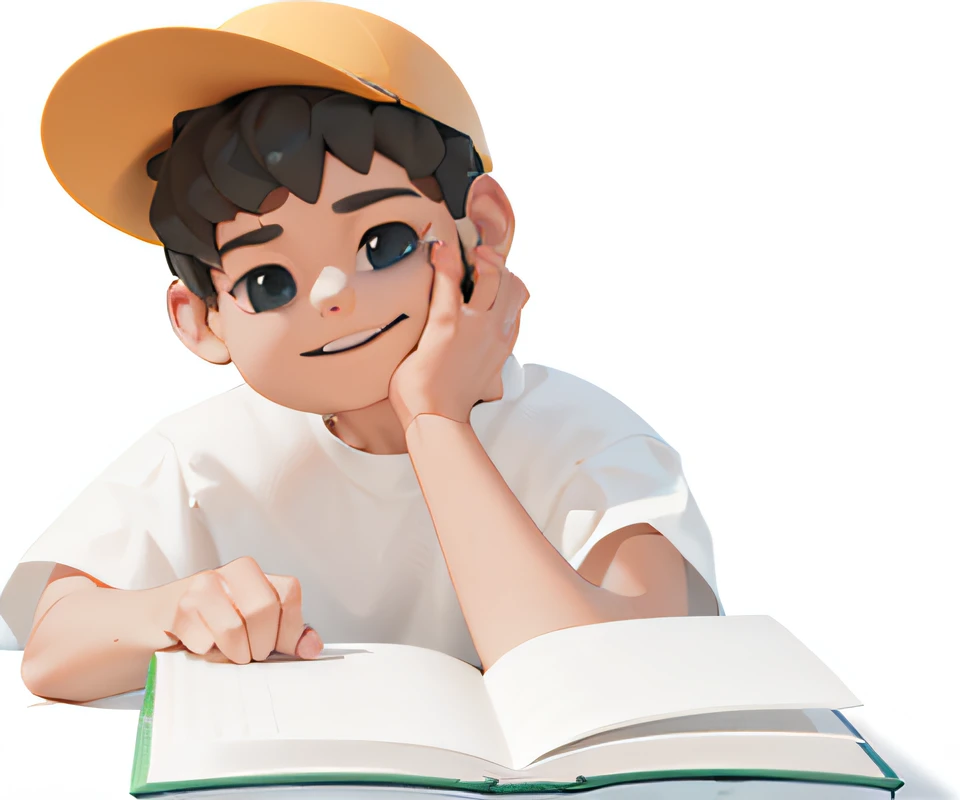A boy reading a book with a hat on his head, an animated character, 3d character, 3 d character, reading new book, Reading a book, trying to study, research, animation style render, claymation character, as a clay character, Studious, 2D illustration, Accurate depiction, 2 d illustration, Character modeling, 3D characters