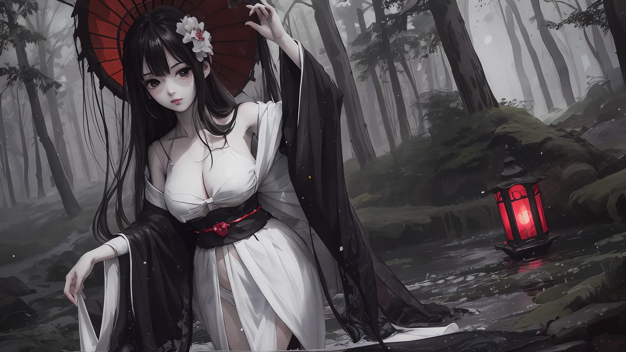 Anime girl in white dress in forest,Holding a red umbrella, Japanese goddess, Guviz-style artwork, Guviz, guweiz masterpiece, Japanese art style, gothic maiden anime girl, Anime fantasy artwork, onmyoji, Onmyoji detailed art, style of anime4 K, Anime art wallpaper 8 K, japanese fantasy((Tulle bikini))((Tulle belly pocket))