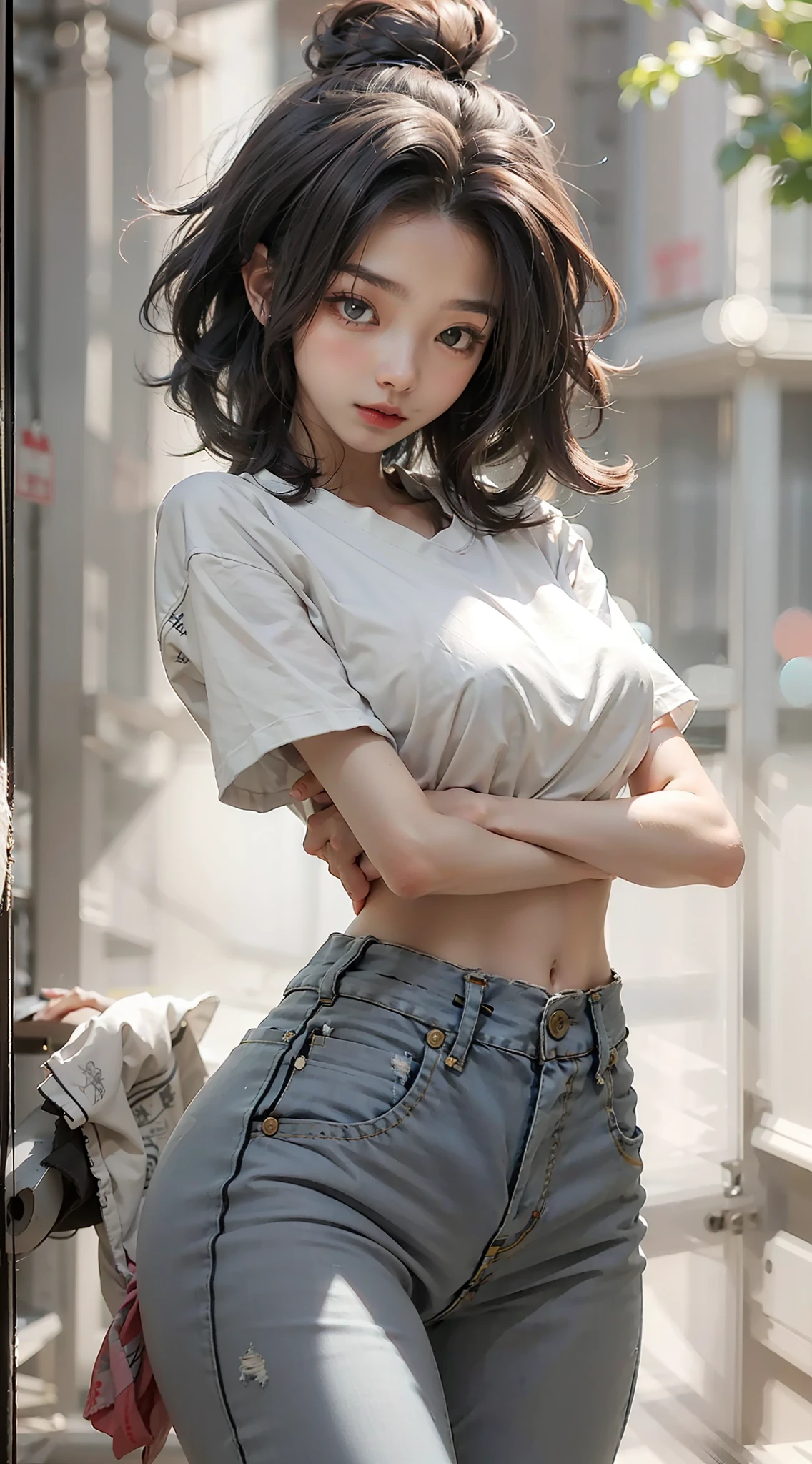 Girl posing for photo in white bra and tight denim, arms behind back, full body, with cropped t-shirt, bra, slim figure, smaller bust, slim girl model, 24 year old female model,