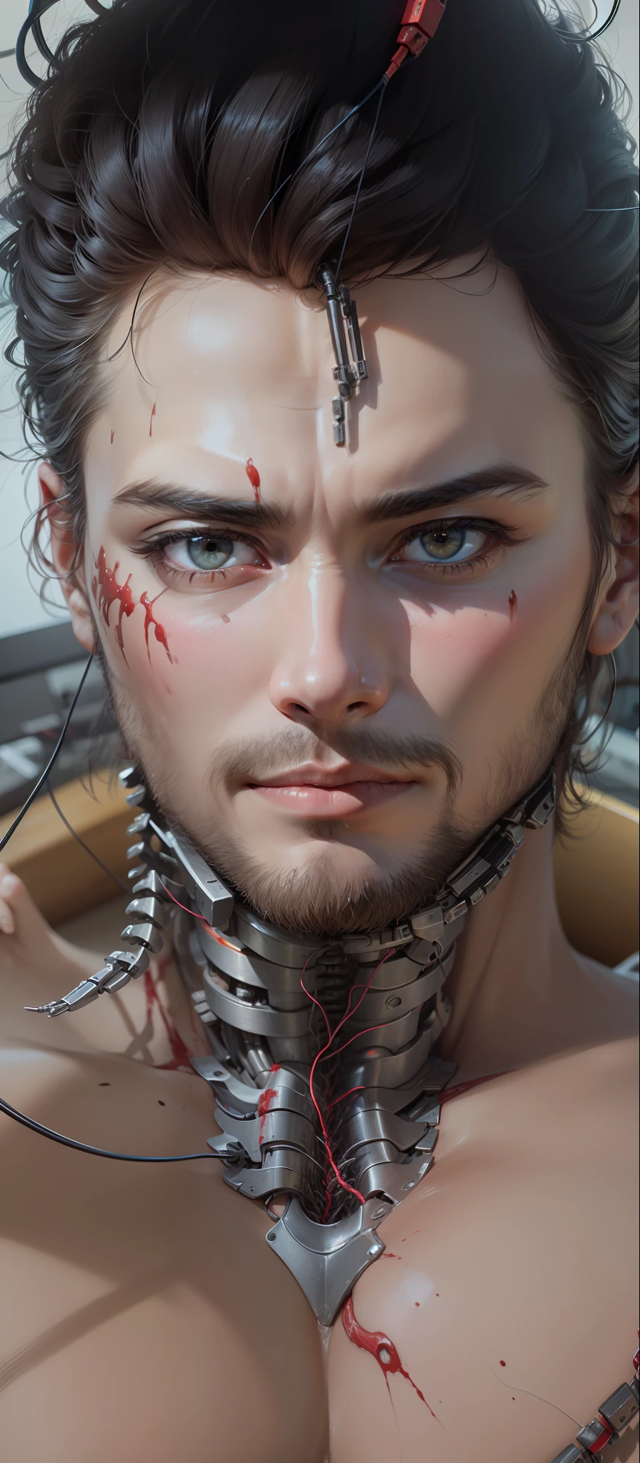 (((obra-prima))), (((melhor qualidade))), ((ultra-detalhado)), (Highly detailed CG illustration), ((um extremamente delicado e bonito)),(de lado), cinematiclight, ((1 mechanical boy)), solo, corpo inteiro, (machine-made joints: 1.2), ((machanical limbs)), (Blood Vessels Attached to Tubes), (mechanical vertebra attaching to back), ((mechanical cervical connection to the neck )),(sentado),no expression,(wires and cables attached to the neck: 1.2),(wires and cables on the head:1.2)(foco no personagem),scientific fiction,extremamente detalhado,colorido,mais detalhado