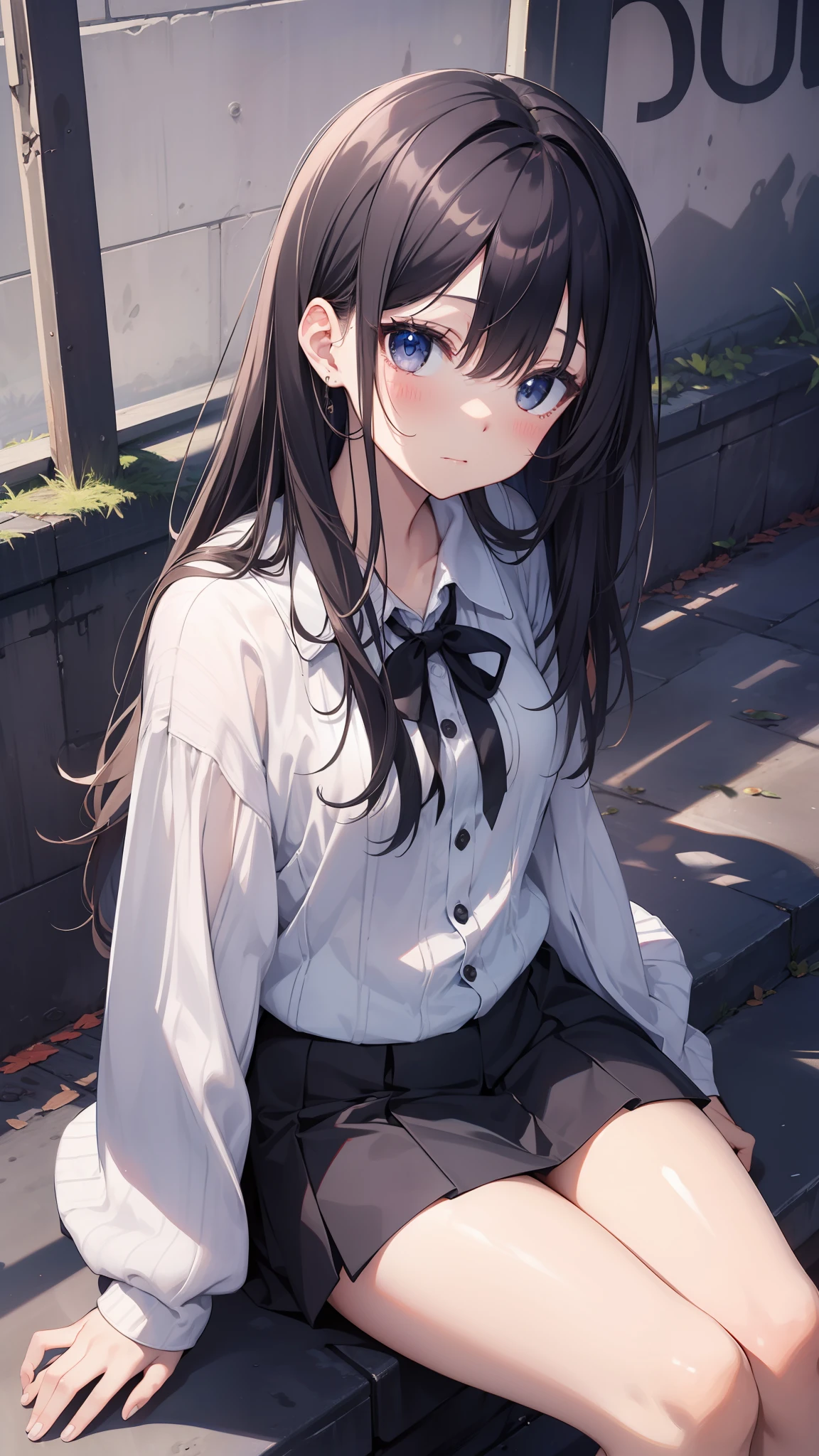 hight resolution、Hi-Res、masterpiece、Pretty girl in miniskirt sitting on the ground with knees upright、Looking at the viewer with upward eyes while blushing
