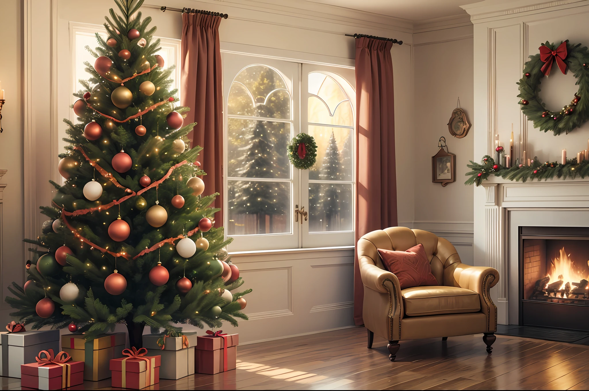 Front view Full Christmas tree, armchair and fireplace, real photograph, super realistic rendering, renderizado realista, 8k, --auto --v6 --s2