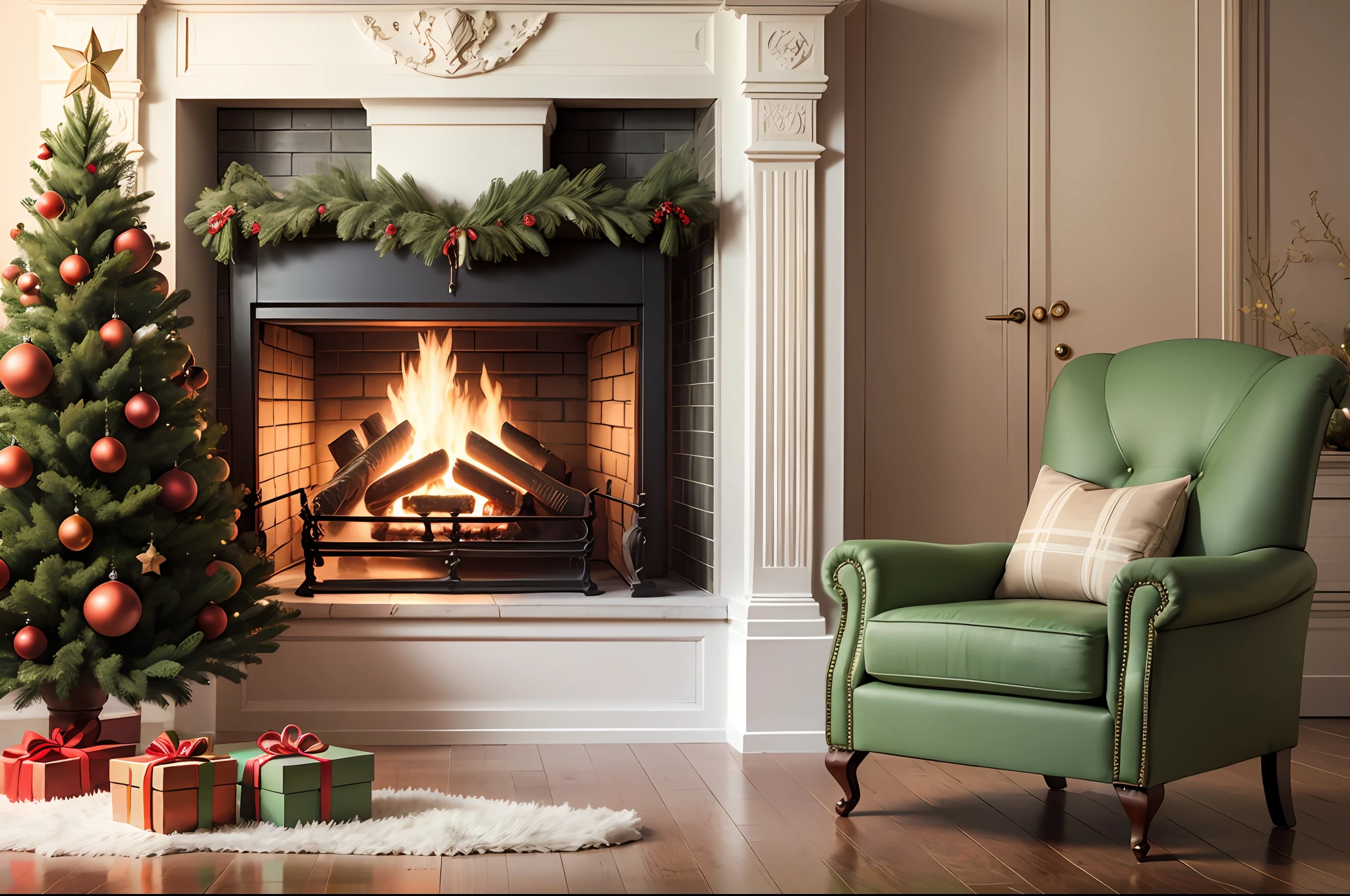 Front view Full Christmas tree, armchair and fireplace, real photograph, super realistic rendering, renderizado realista, 8k, --auto --v6 --s2