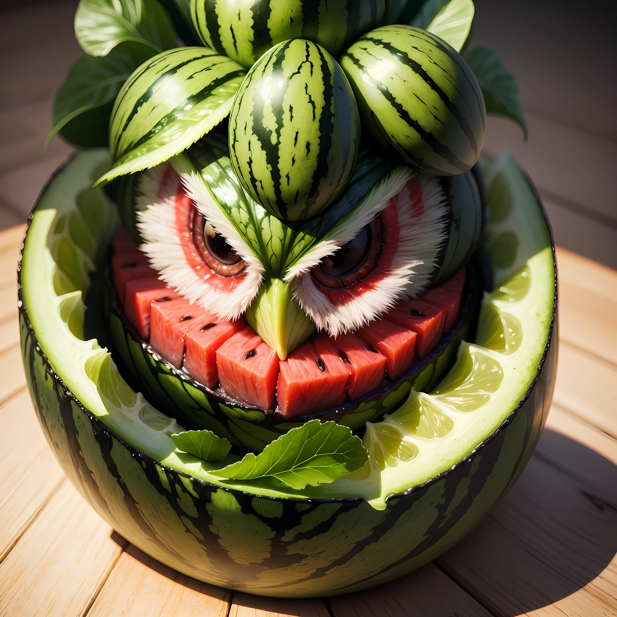 close-up de uma melancia com um rosto, com uma coruja, efeitos digitais fantasia, fusion of vegetables and vegetables, Directed by: Eileen Aldridge, animais cruzados, alface, atordoante, realismo final, arte do instagram, artista desconhecido, extremely realistic, fusion species, 32k rendering