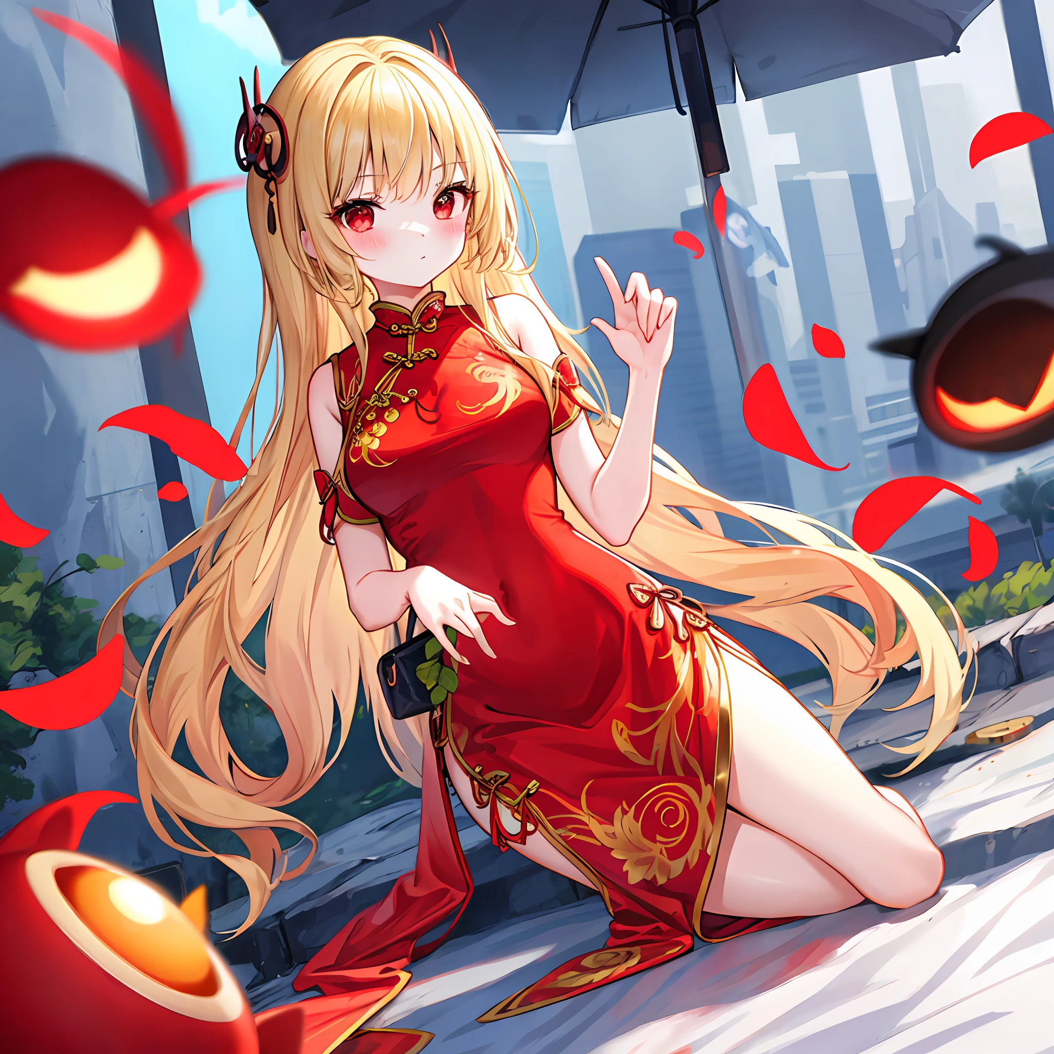a blonde girl、red eyes、soio、red blush、Blue cheongsam、