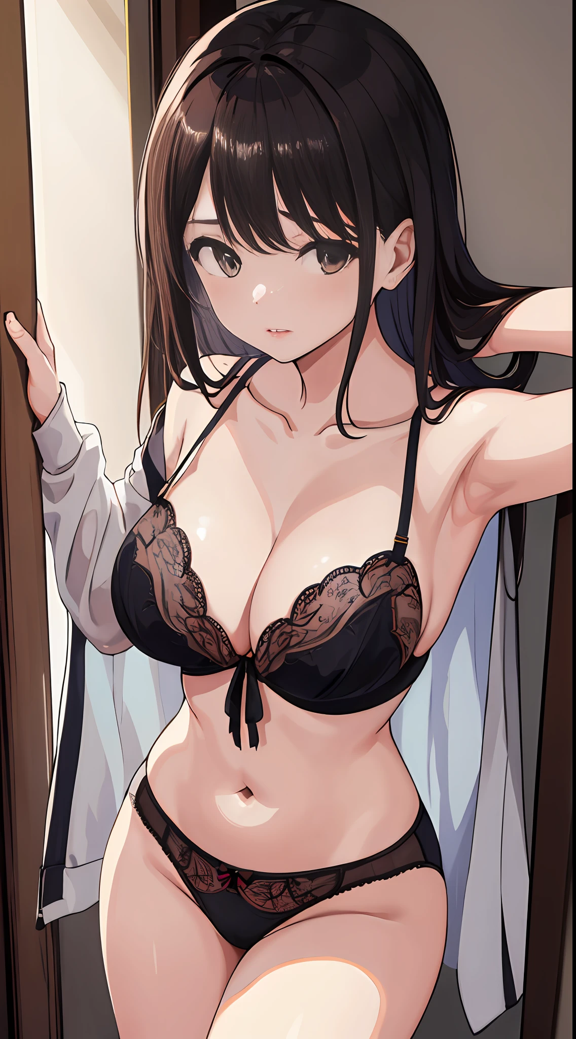 (A new masterpiece of the highest quality), futurizing a woman in evocative lingerie, standing in a pose with her arms on her hips. She has large breasts and seductive cleavage, and her extremely intricately embroidered panties are exposed through the air. She wears a micro miniskirt and hides her breasts with her arms. The camera angle looks up from below, and the natural sunlight is beautiful. A hint of nip adds a layer of sensuality to this stunning image."