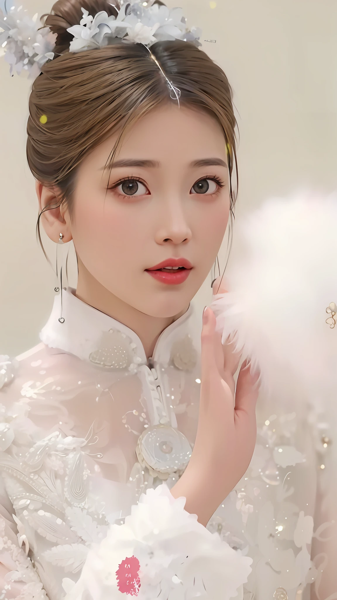 Close-up of a woman in a white dress and feathers, ruan jia beautiful!, tzuyu from twice, shaxi, Palace ， A girl in Hanfu, Inspired by Huang Ji, Chinese girl, gorgeous chinese models, Cheongsam, Chinese style, Inspired by Song Maojin, Chinese traditional, China Princess, inspired by Ma Yuanyu