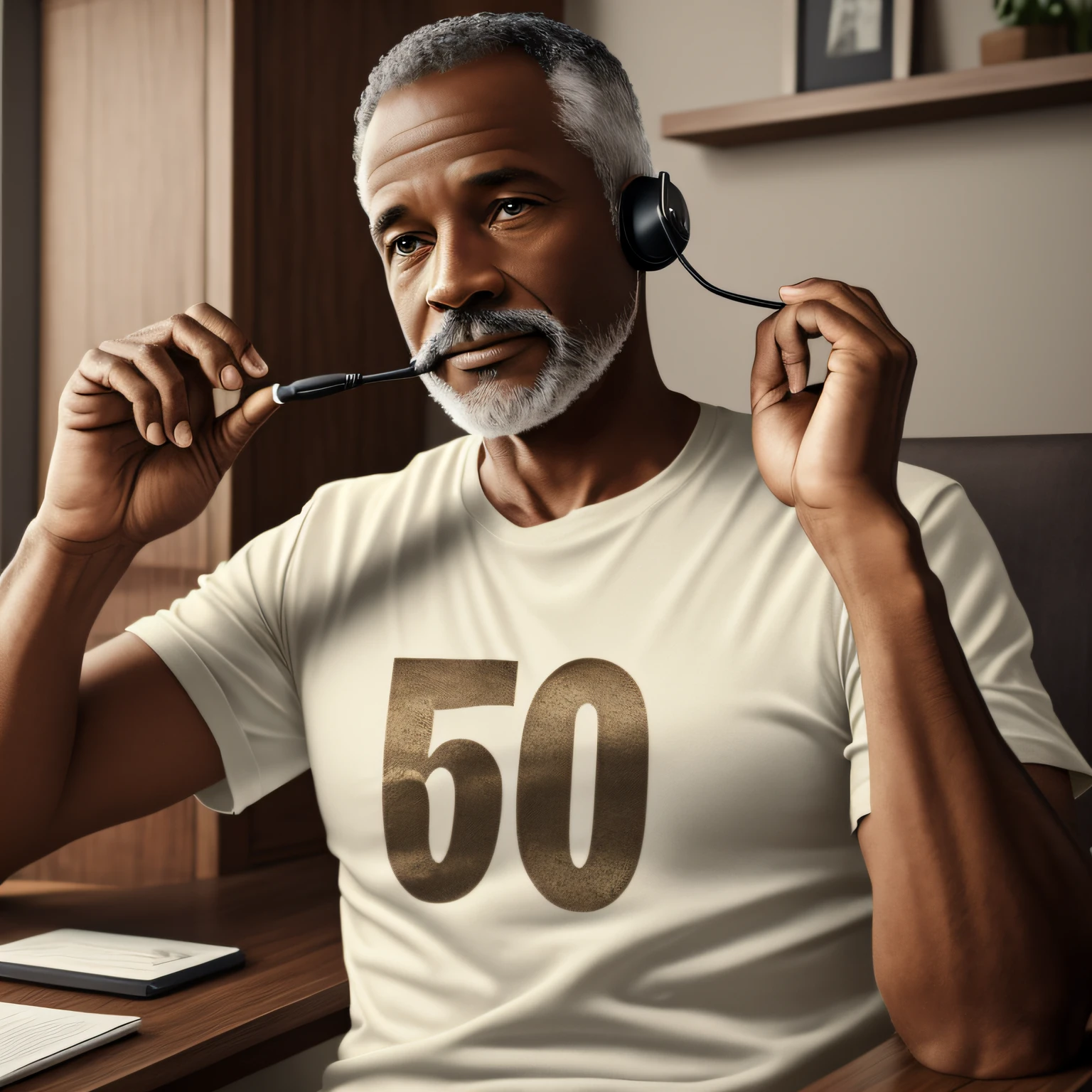 MAN, 50 YEARS OLD, WEARING T-SHIRT, ANSWERING A PHONE CALL, YEAR 1970, ANTIQUE, REALISTIC, 8K, NATURAL, VINTAGE --auto