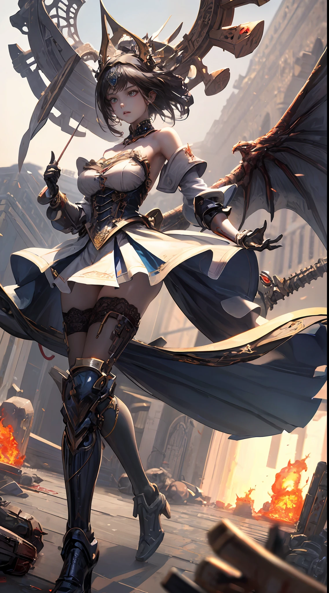 （（Super Best Quality））， （（Very Masterpiece））， （（super detailing：1.4））， （（3d ultrarealistic））， Dragon warrior girl， Mechanical body， Dynamic action poses in battle scenes， Mechanical weapons of very complex and heavy fighters， Off-the-shoulder fashion blends meticulous steampunk with sophisticated gothic Lolita， Complex steampunk headgear， mechanical boots above the knee， Fluttering lace flared miniskirt， Nourish beauty，Fairly long vertically curly silver hair flutters in the wind，The bones are endless，The sword pierced the ground，Blood and fire are intertwined，very dark night backgrounds，Very dramatic and cinematic lighting。