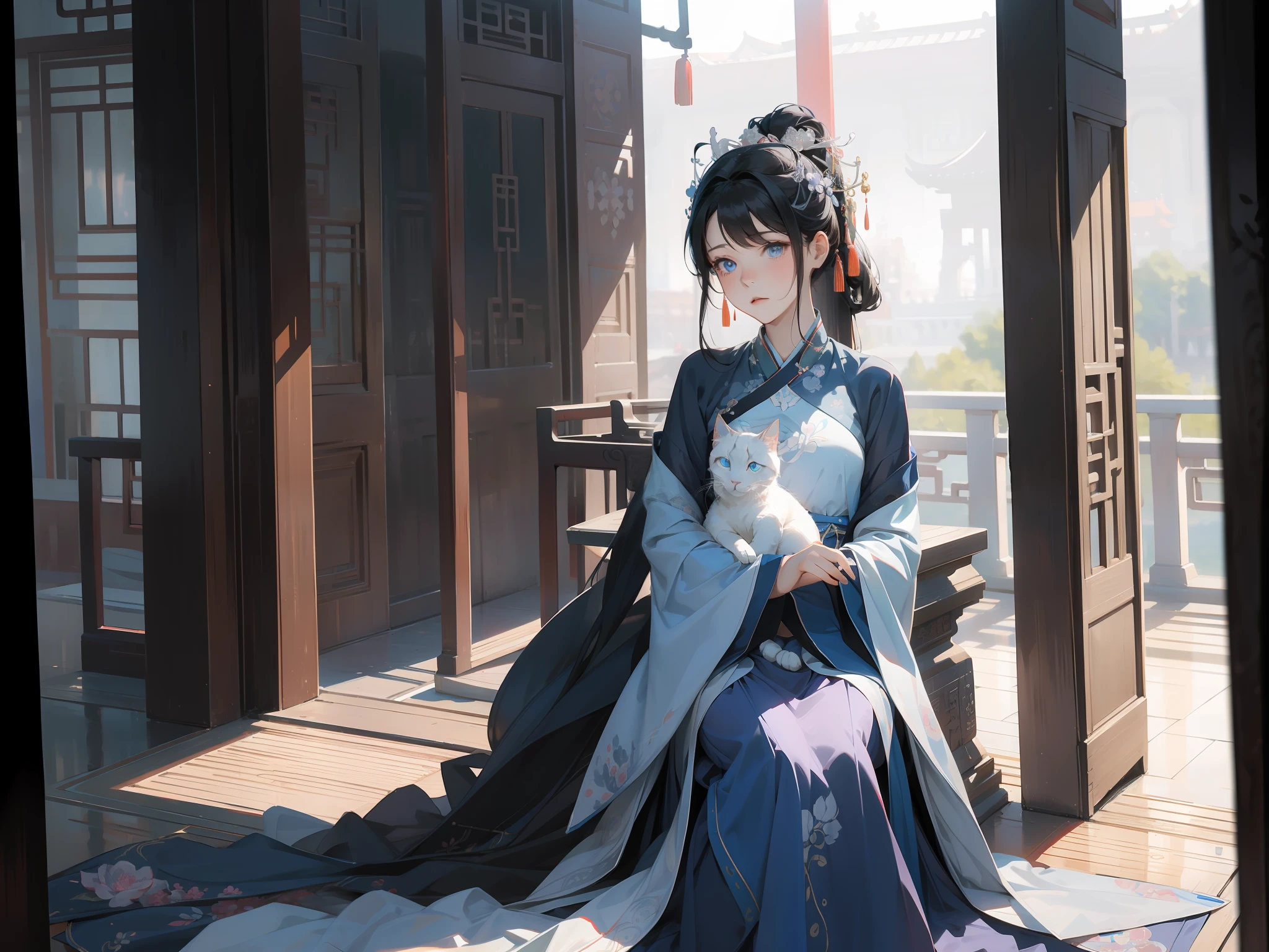 ultraclear,tmasterpiece,Outside the Chinese Imperial Palace,1girll,blue color eyes,expression sad,,Sitting on the bedside,Hug a white cat,cabelos preto e longos,Lilac Hanfu,the night,