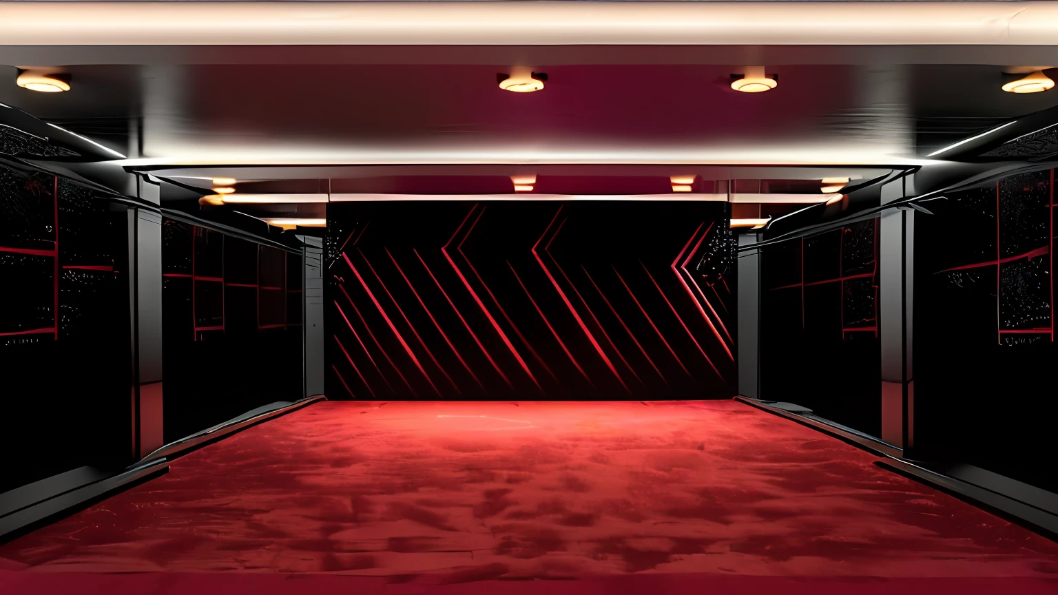 there is a room with a (((red carpet))) and a wall with lights, everything is carpet and 3d, carpet, ji-min, ilya kushinov, (((red carpeted floor,:1.2))) installation, maxim sukharev, azamat khairov, aleksander rostov, dancefloor, sergey krasovskiy, projection design installation, indoor liminal space