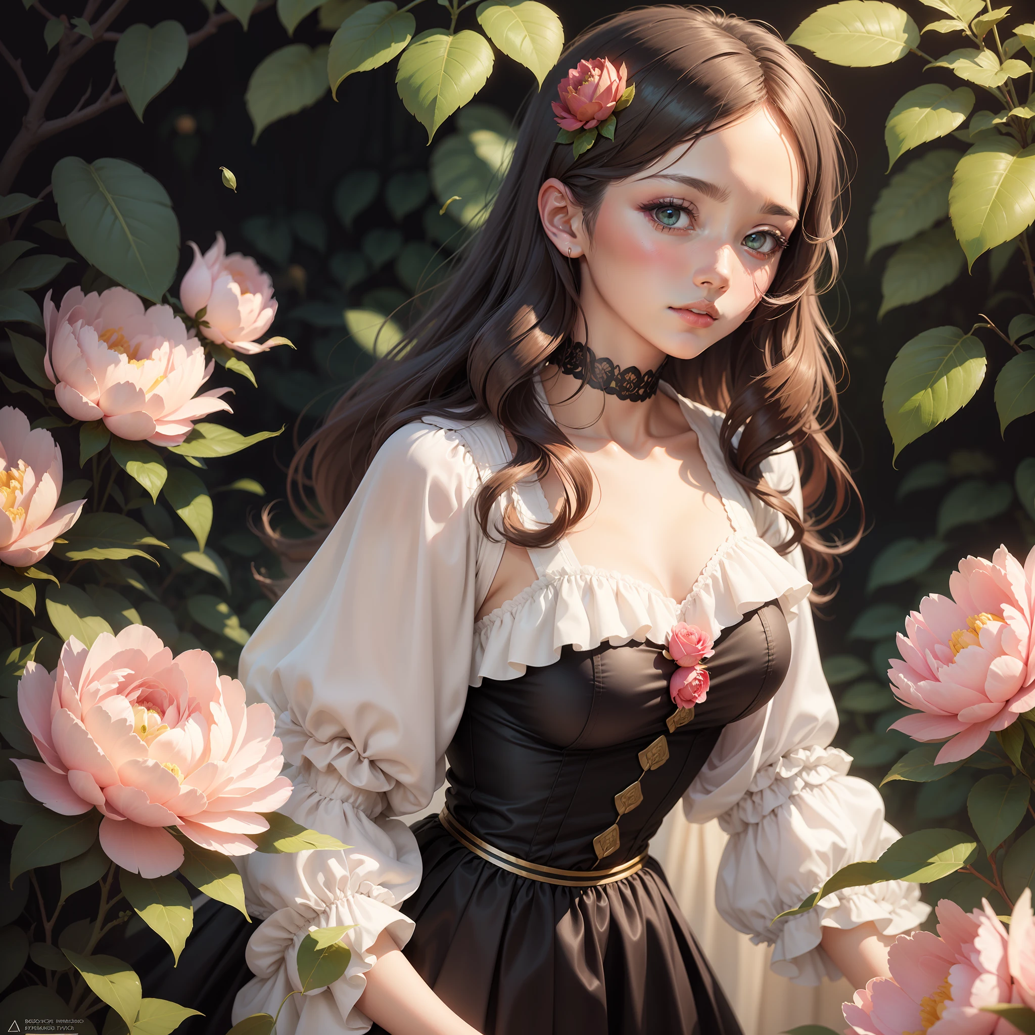 anime girl as a Botticelli model, apricor peonies, peace roses, leaves, flowers, fruits, Alfons Mucha style of clothing, risograph effect, digital paint.