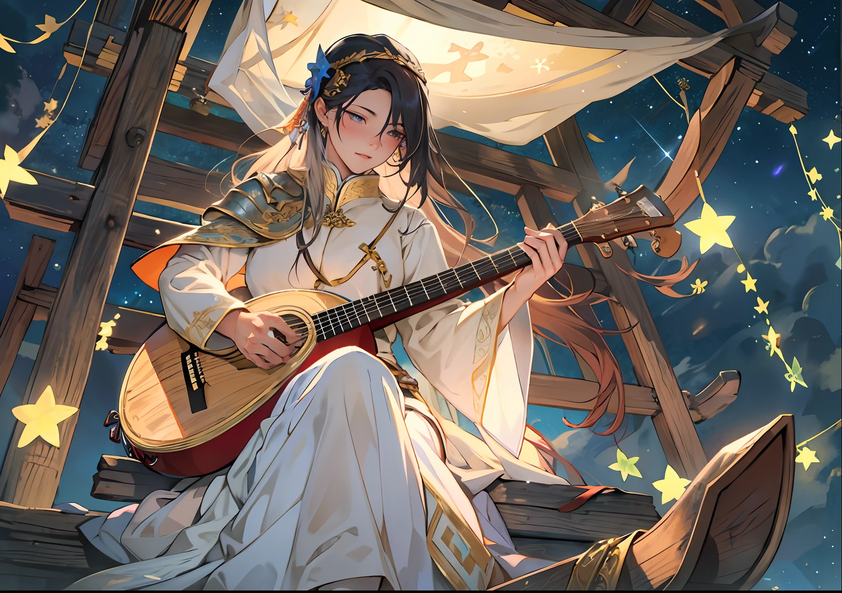 masterpiece、Medieval fantasy world game still。top-quality、male people1a person、Bard in fancy costume.Dressed in flashy light cloth costumes、I'm wearing a breath red.。wavy long hair,veil、long eyeslashes、shapely lips。Constellations in the beautiful night sky、Wagon parked at the camp、Man making a bonfire in front of a covered wagon。Playing the lute while looking at the starry sky。male focus,
