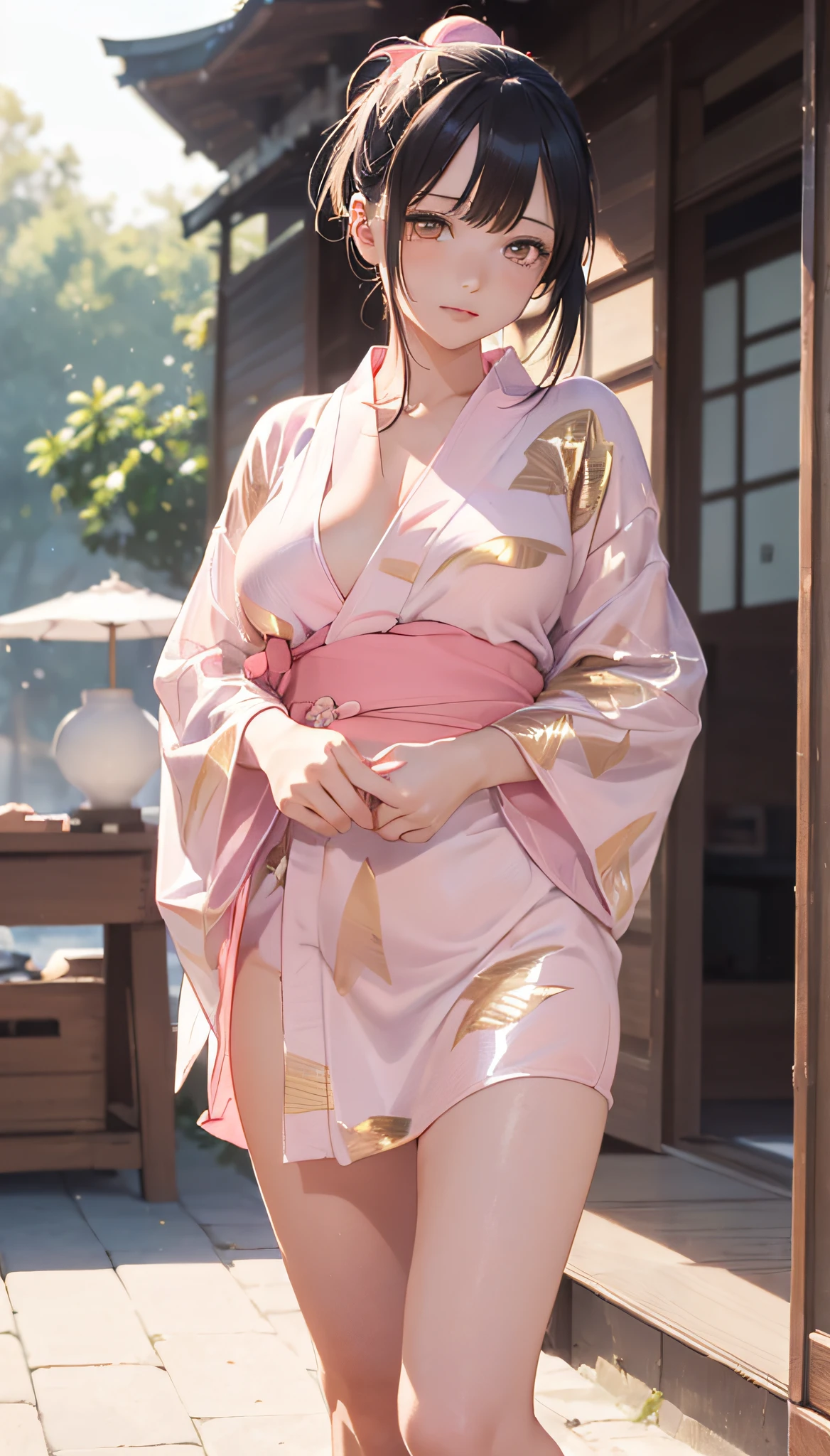 (Master masterpiece:2)、(16k UHD:2)、(((extremely fine and beautiful)))、(One girl:1.6)、(medium large breasts)、(Transparent skin:1.6)、(Long pale pink ponytail hair:1.8)、(Golden Eyes:1.8)、(Nominal body type)、(Glamorous:1.4)、(musculature:1.4)、(thin legs:1.6)、(lascivious:1.8)、(cute little)、(full of shyness)、(Clarity Metallic See-Through Yukata:1.6)、(Bare legged)、(Delicately written see-through yukata)、Correct anatomy、Good anatomy、Five Fingers、(the beach)、(((The ultra -The high-definition)))、(ighly detailed)), ((Very detailed and beautiful)), (luminism)),