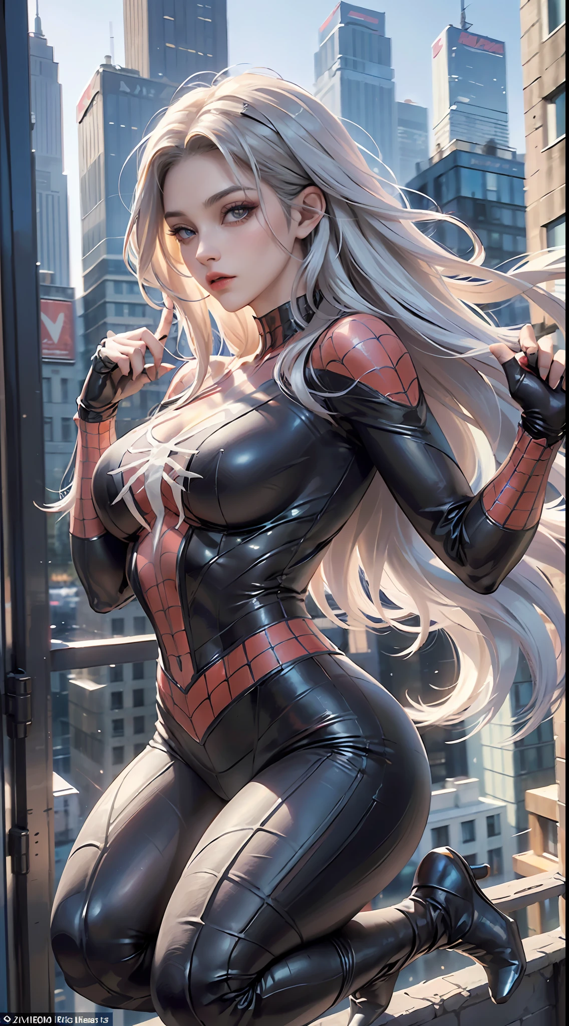 (Masterpiece, 4k resolution, ultra-realistic, very detailed), (White superhero theme, charismatic, there's a girl on top of town, wearing Spider-Man costume, she's a superhero), [ ((25 years), (long white hair:1.2), full body, (blue eyes:1.2), ((Spider-Man pose),show of strength, jumping from one building to another), ((sandy urban environment):0.8)| (cityscape, at night, dynamic lights), (full moon))] # Explanation: The Prompt mainly describes a 4K painting of ultra-high definition, very realistic, very detailed. It shows a superheroine at the top of the city, wearing a Spider-Man costume. The theme in the painting is a white superhero theme, the female protagonist has long white hair, is 25 years old and her entire body is shown in the painting. In terms of portraying the actions of superheroines, spiders are employed