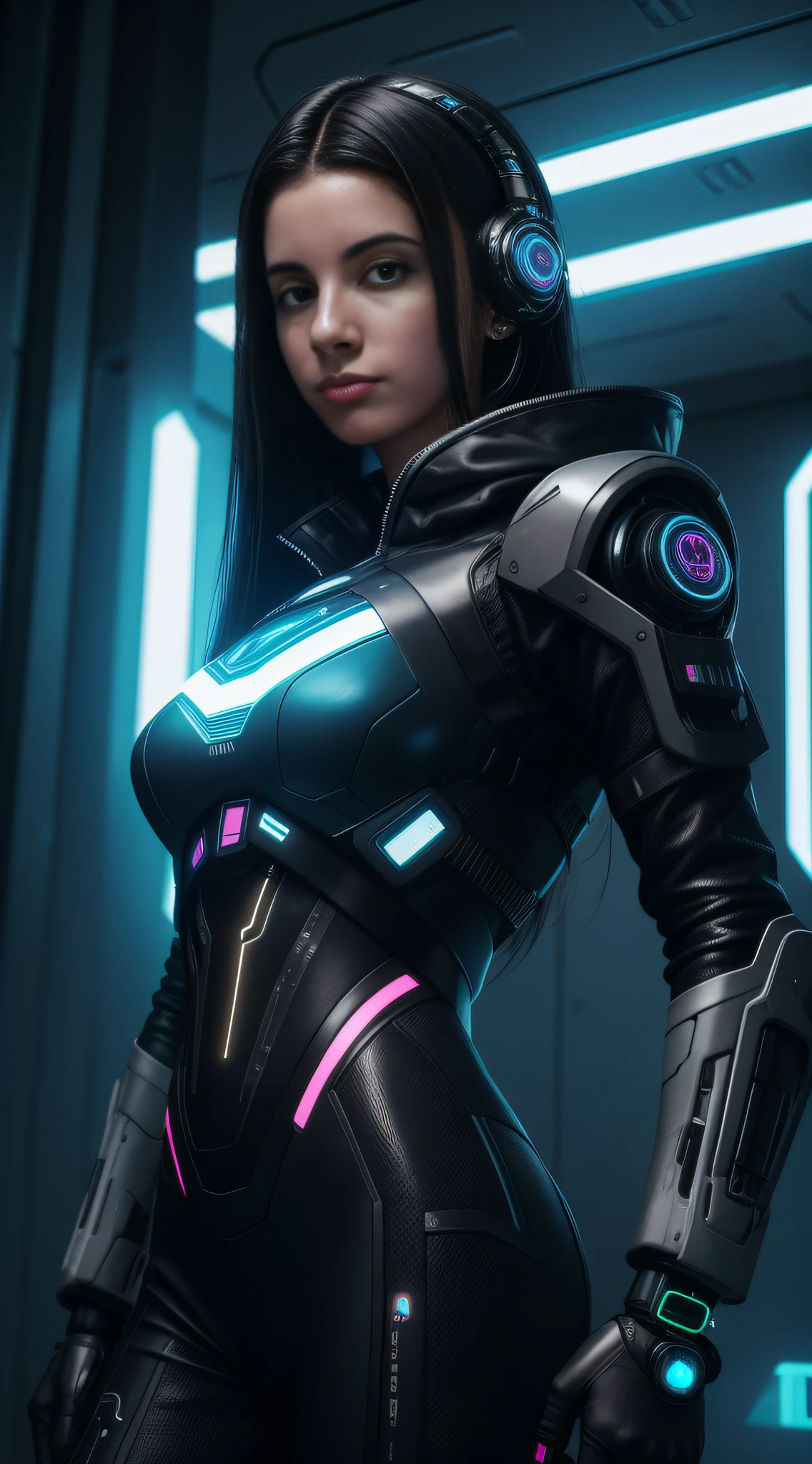 Fotoretrato de uma mulher jovem usando roupas futuristica, Cybernetic, cyberpunk, style, com fundo neutro e simples. foco nítido, 8k, UHD, Realstic