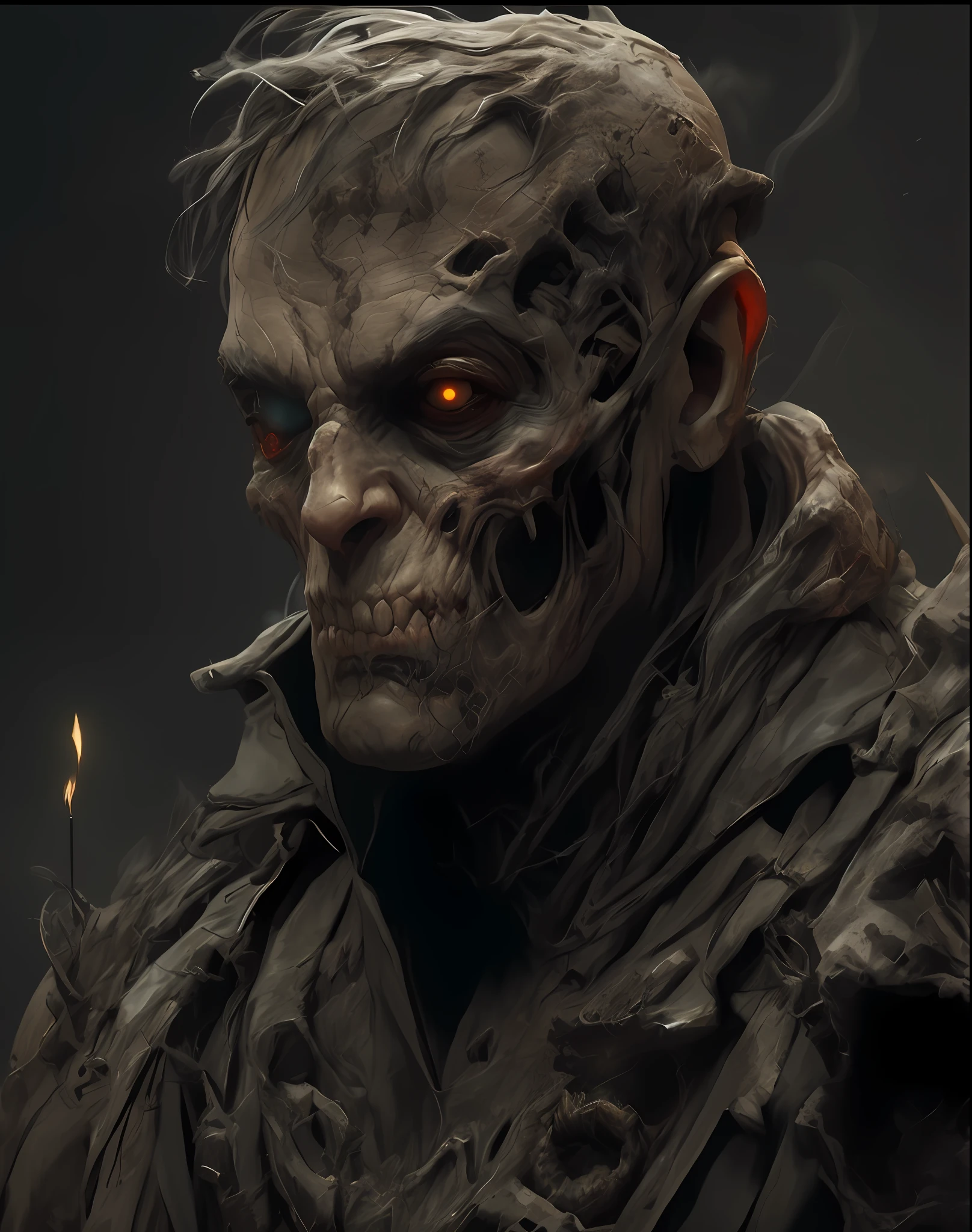 um close up de um homem com um rosto assustador e um cigarro em chamas, arte conceitual escura fotorrealista, Arte conceitual 4K e hiper realismo, Amazing 8K character concept art, zumbi de doom eternal, arte do personagem do motor irreal, zumbi na arte conceitual do terror, Wojtek FUS, Unreal Engine 5 Arte Digital, Unreal Engine 5 Technical Demo, Personagem pequeno. Motor Unreal 5