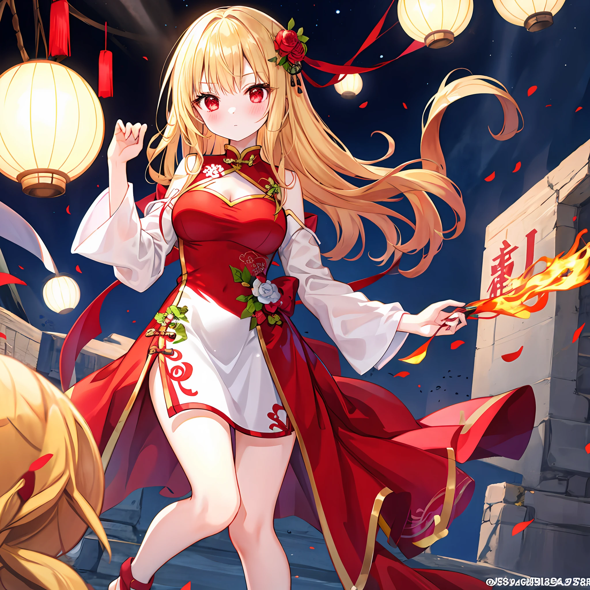 a blonde girl、red eyes、独奏、red blush、qipao dress、