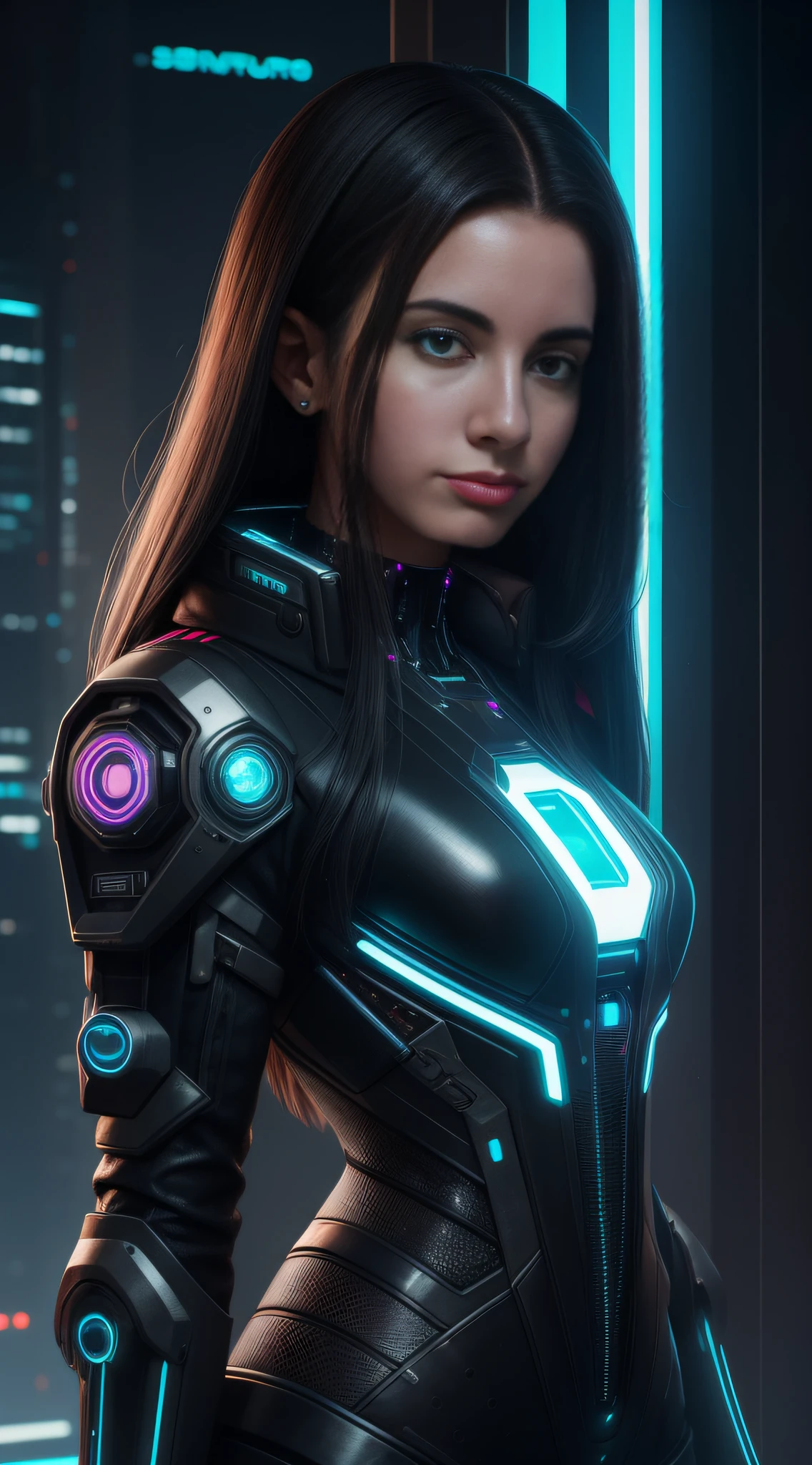 Fotoretrato de uma mulher jovem usando roupas futuristica, Cybernetic, cyberpunk, style, com fundo neutro e simples. foco nítido, 8k, UHD, Realstic