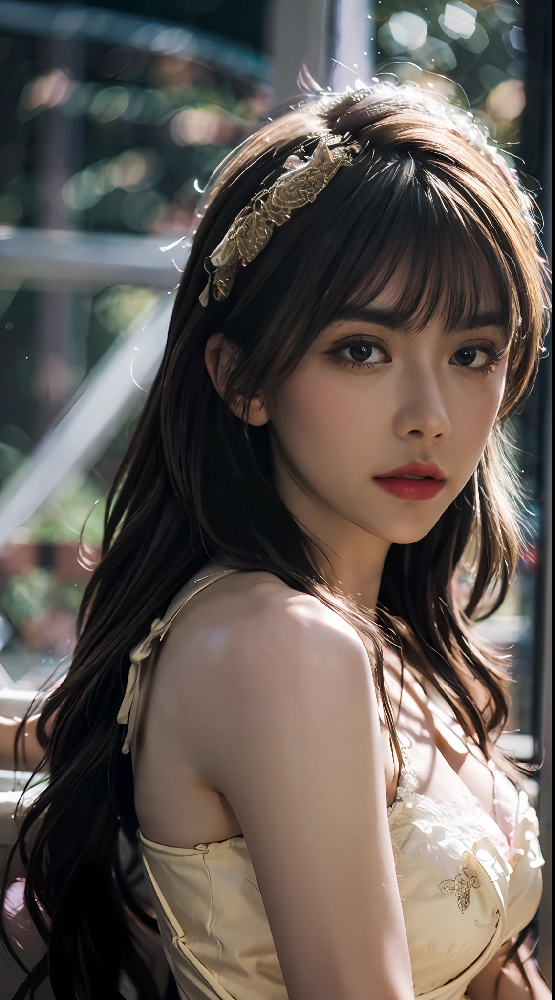 Best quality, masterpiece, ultra high res, (photorealistic:1.4), raw photo, 1girl, looking at viewer, delicate intricate lace corset, FilmG, best shadow,intricate,depth of field,long hair,messy hair,((((low key,dark scene,dimly lit)))),(((soft window natural lighting:1.4)))
