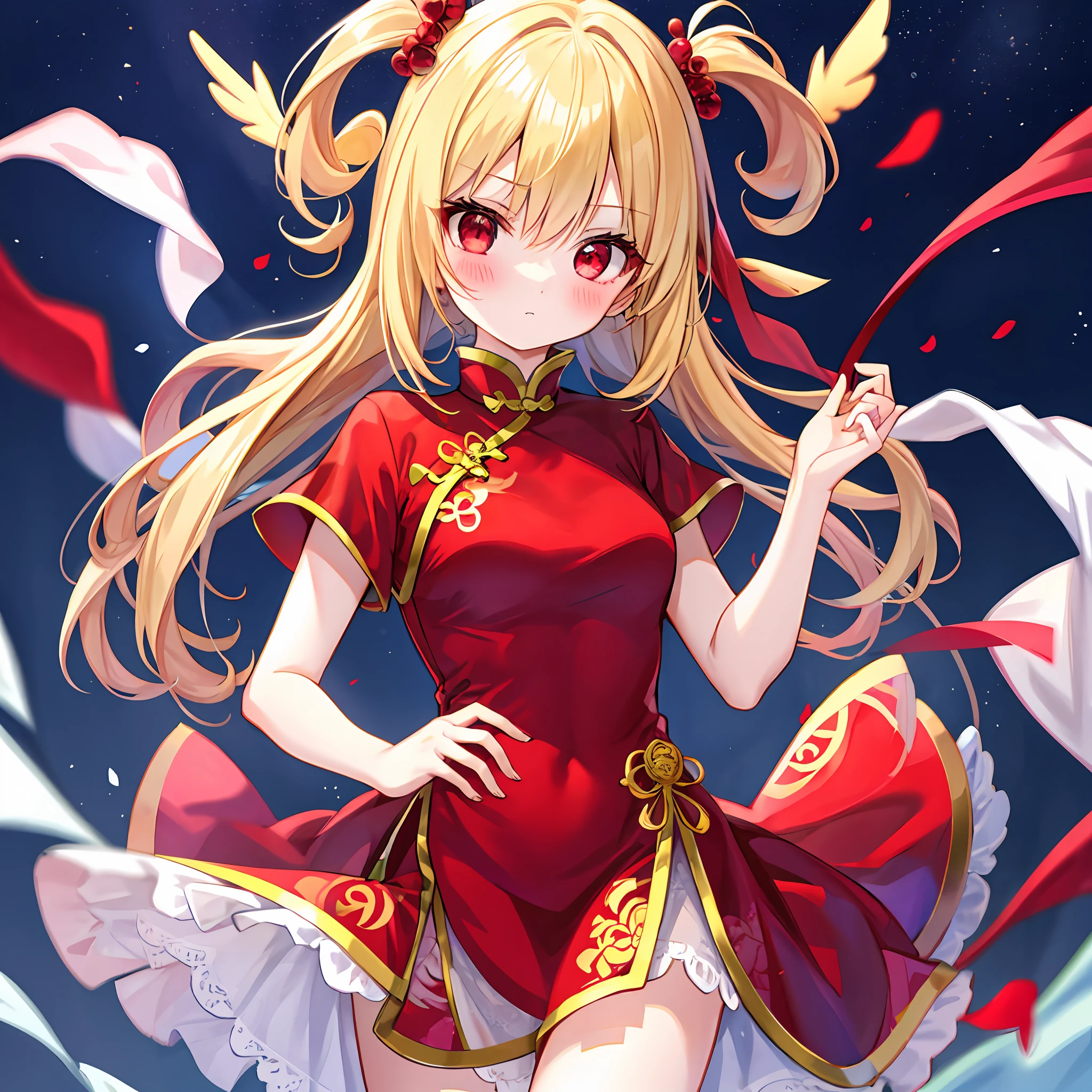 a blonde girl、red eyes、独奏、red blush、qipao dress、