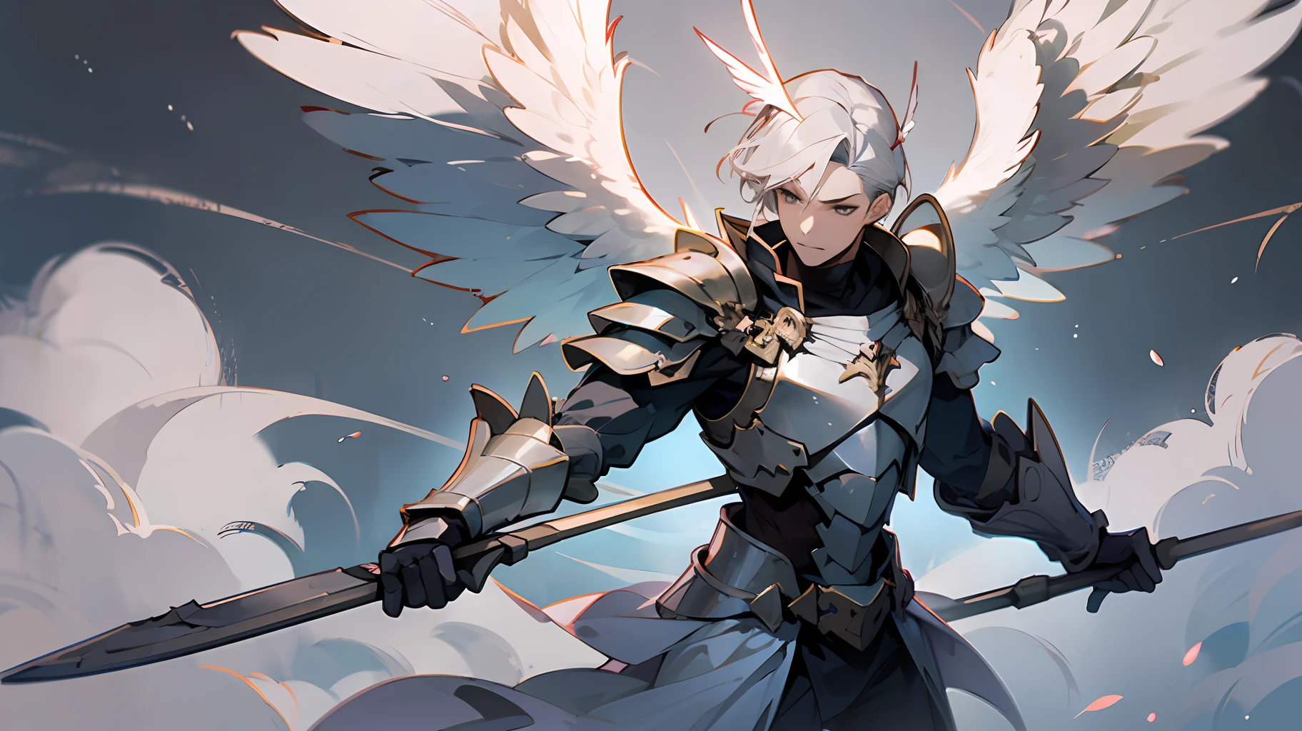 Angel in mithril scale armor, (2 pair of wing), (god white phoenix bow), ((bow pulling pose)), grey sky background, full body shot, fly on sky, ((male)), ((