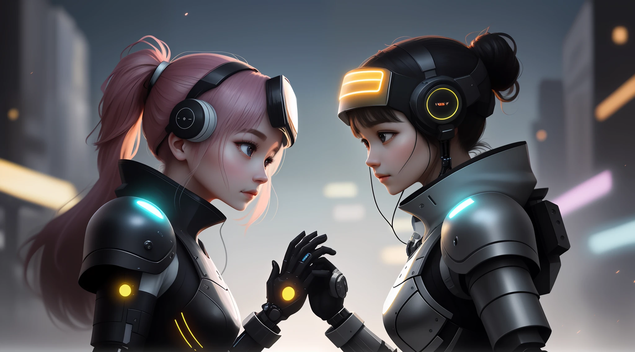 Japanese style、downy、adolable、Moe、largeeyes、kawaii、Delicate lines、Warm colors、Pretty Girl Wars、bravery、self-assured、Combat posture、Hero emoji、battle armor、sword、Energy glows、future-tech、high - tech、Mechanical elements、Smart devices、Virtual reality、Sci-fi sense、afofuturism、Tech shines、cyber punk style、废墟、mechanicalparts、Electronic screens、Fluorescent color、Mechanical magic、Dark feeling、The city of the future