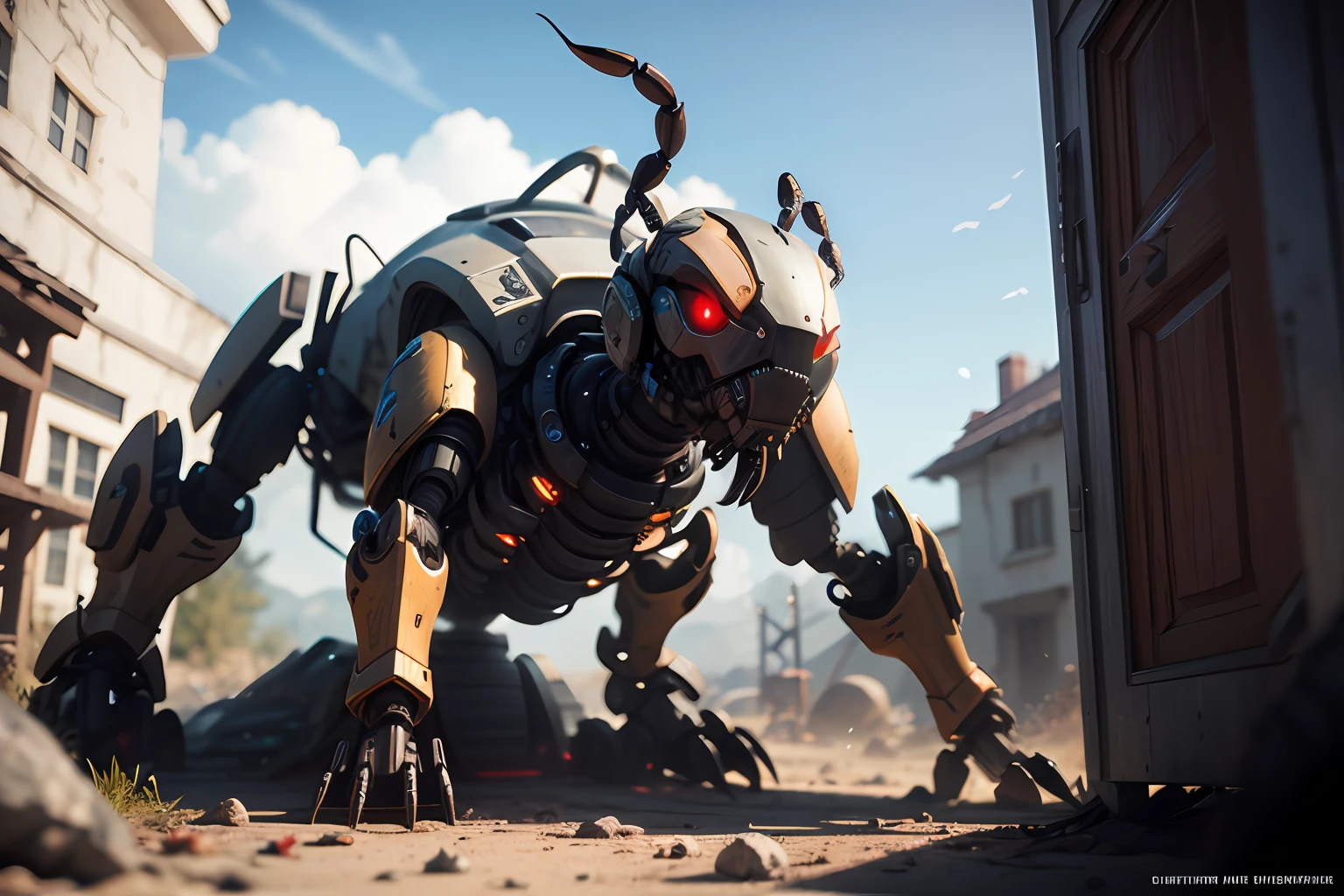 Cyberhumanoid scorpion robot,red eyes, Blue body, Machine scrap stands on top, the witcher, Machine tail weapon, Current impulse, 3D --auto