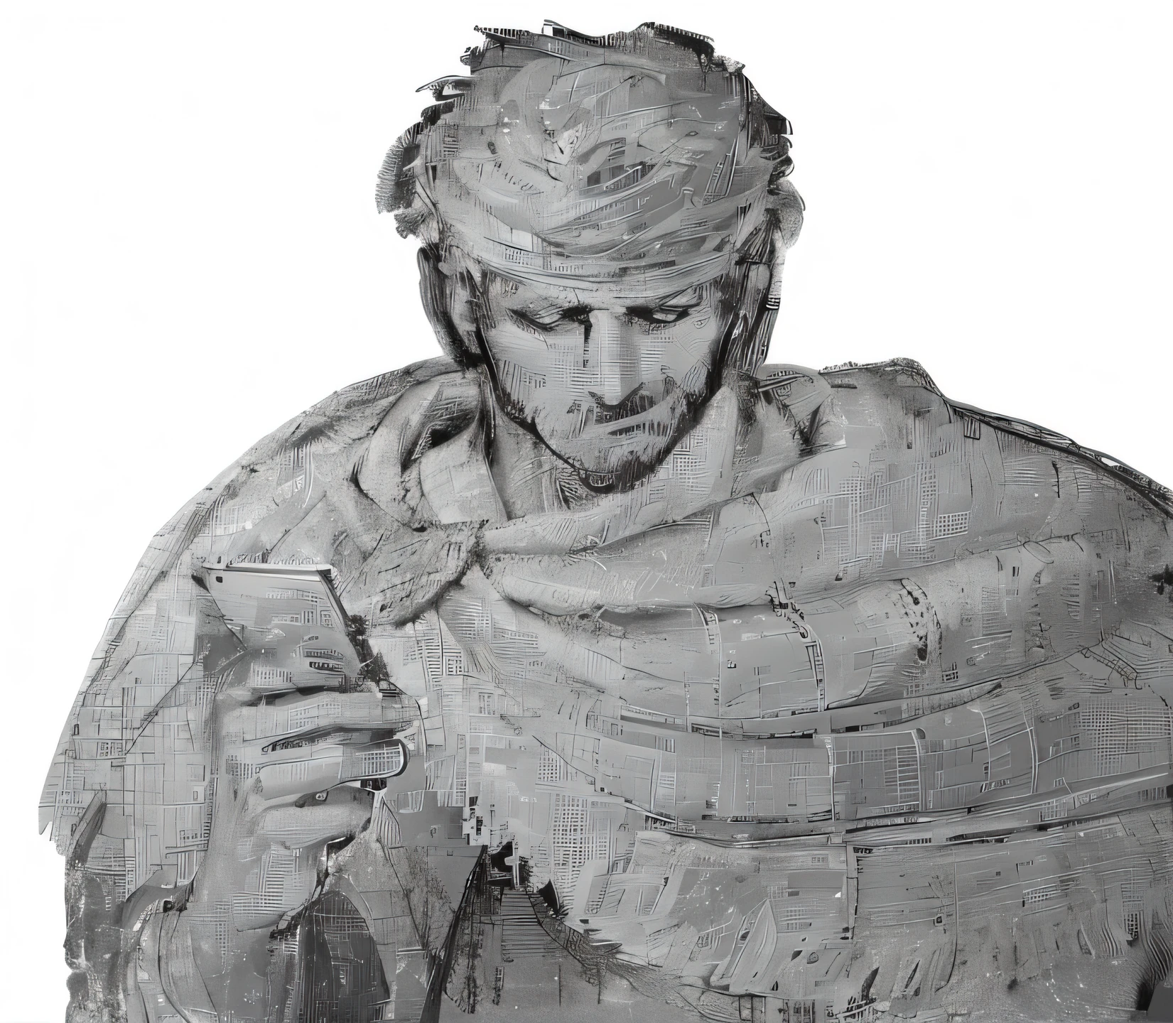 "Turn the drawing into a professional black and white Photoshop style sketch of a man with a scarf on his shoulders"