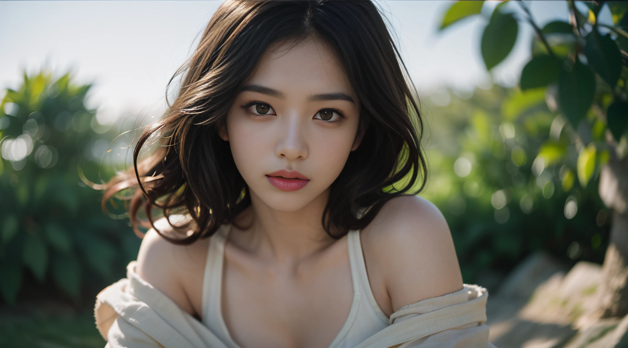 film portrait photography, 1girl, bare shoulders, wavy shoulder-length hair, serene, calm, (realistic detailed eyes, natural skin texture, realistic face details), soft dramatic lighting, depth of field, bokeh, vibrant details, finely detailed, hyperrealistic, 35mm film, hazy blur