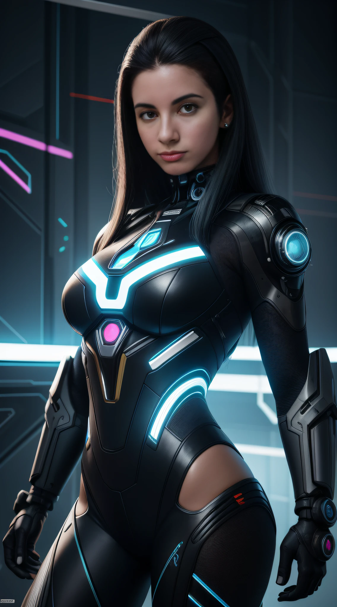 Fotoretrato de uma mulher jovem usando roupas futuristica, Cybernetic style, com fundo neutro e simples. foco nítido, 8k, UHD, Realstic