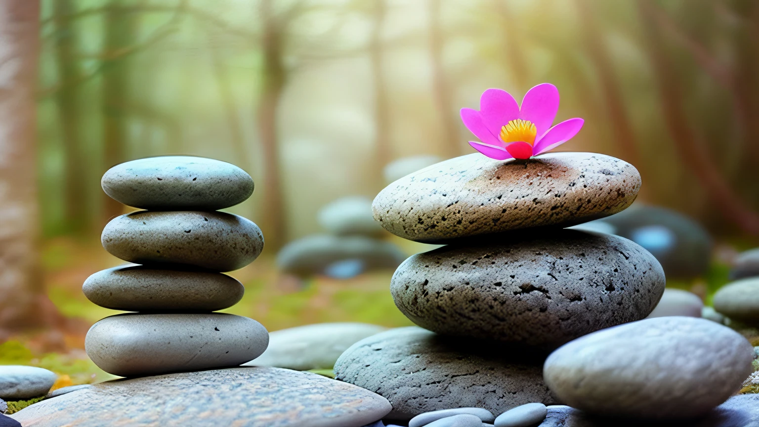 There is a pile of stones with a flower on top of it, It was meditation, sentimento Era, equilibrium, Powerful Composition Era, crie mais objetos relaxantes ultra realistas na imagem