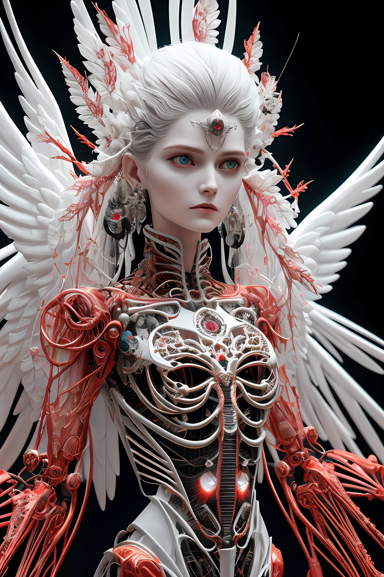 Intricate 3d rendering ultra-detailed beautiful angel of death, biomechanical robot, simulated 150mm lens, beautiful natural soft edge light, neon veins, roots, delicate leaf lace, colorful details, Boris Bidjan Saberi costume, pearl earrings, piercings, art nouveau fashion embroidery, intricate details, mesh lines, Mandelbrot fractals, facial muscles, cables, microchips, villains, surreal, ultra-detailed, octane, volumetric lighting, 8k and post-production, red The white has a little bit of black, Metal Skeleton Details, Half-Human, Iridescent, Glenn Brown Style, Futuristic Room, Power of God, High Angle Shot, Complex Body Poses