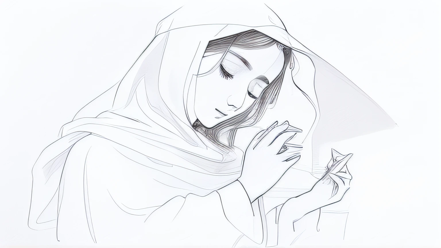 Alafeld painted a woman praying with a veil, a pencil sketch, Line sketch, art sketch, Pencil sketch, Simple drawing, Virgin Mary, Outline sketch, designer pencil sketch, sketch illustratio, Oriental beauty，White drawing，Gentle。