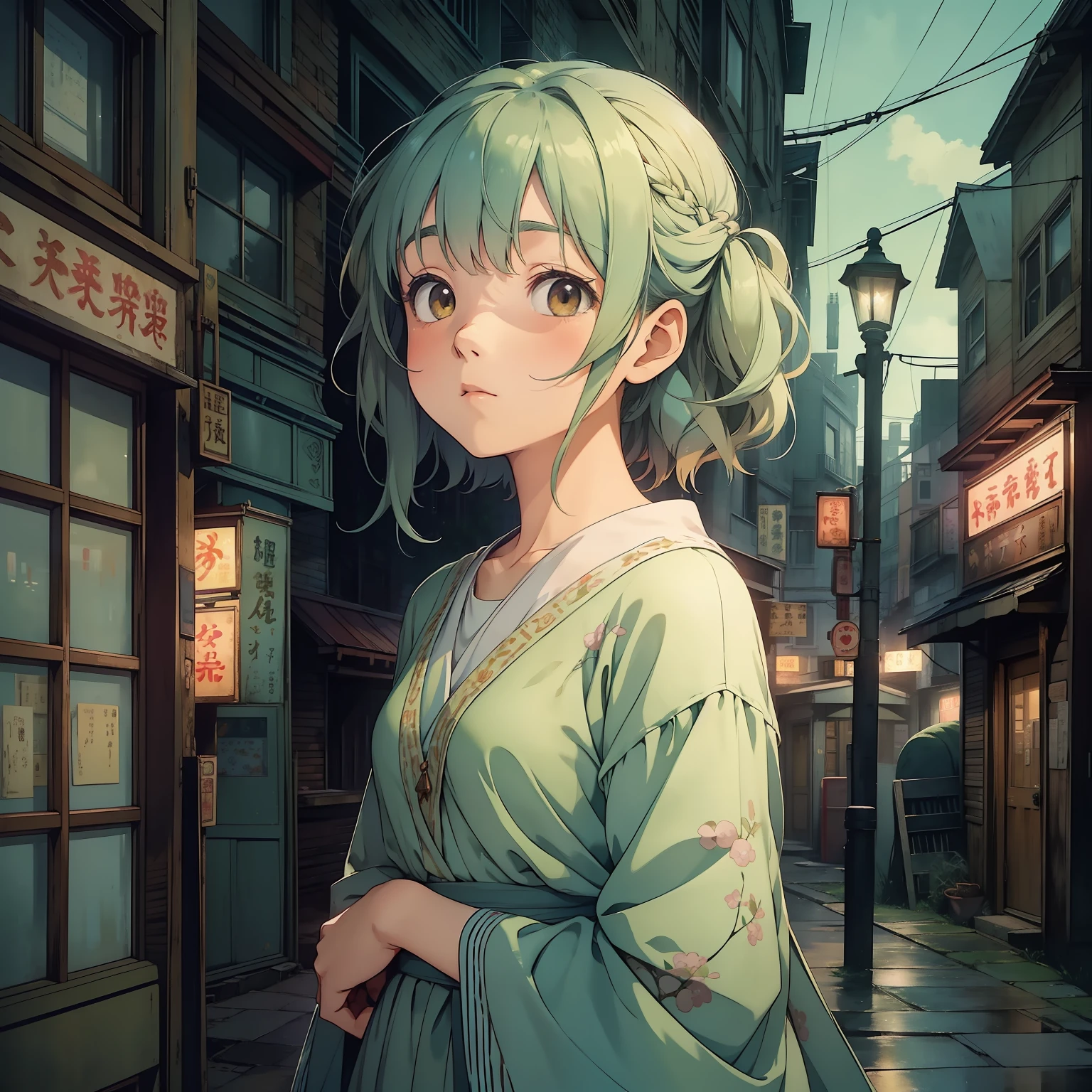 A mixed-media work,Transports the viewer into a whimsical world,Inspired by the visual aesthetics of Studio Ghibli. This artwork depicts a charming evening stroll through a nostalgic town. A combination of traditional and digital art mediums, Such as watercolor and digital painting, to create a unique blend of textures and styles. The composition focuses on a lonely girl, Her posture conveys a sense of loneliness and introspection. The color palette draws inspiration from Ghibli films, Characterized by warm and earthy tones, With soft pastels and magical glow. The artwork captures the beauty and serenity of the scene, Evokes a feeling of familiarity and nostalgia,Touches the hearts of all who gaze at it.
