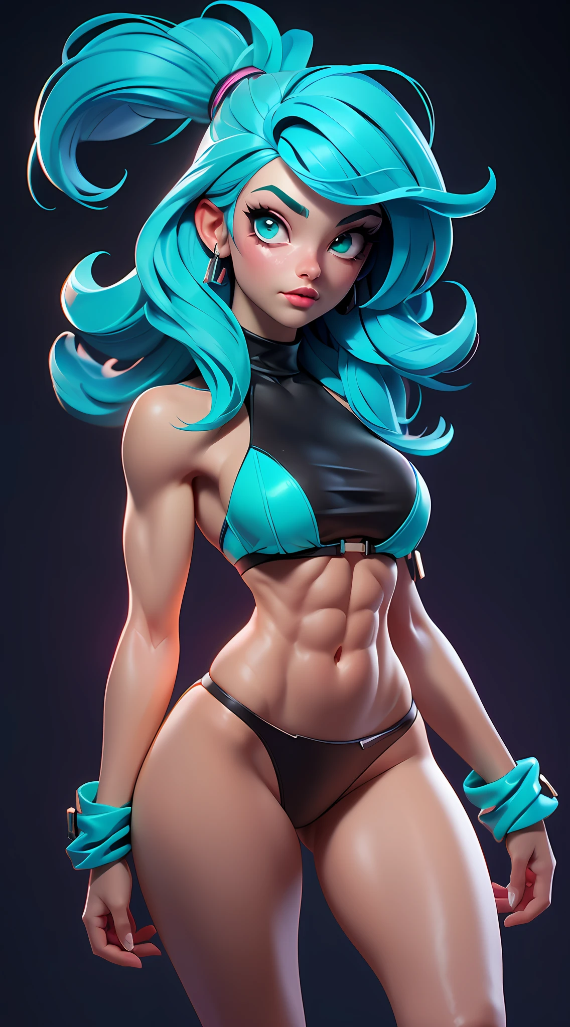 ((Best Quality)), ((Masterpiece)), ((Realistic)) and ultra-detailed photography of a 1nerdy girl with goth and neon colors. She has ((turquoise hair)), wears a small skimpy black bikini thong , ((beautiful and aesthetic)), muscular fit body abs, sexy, under-boobs, hot