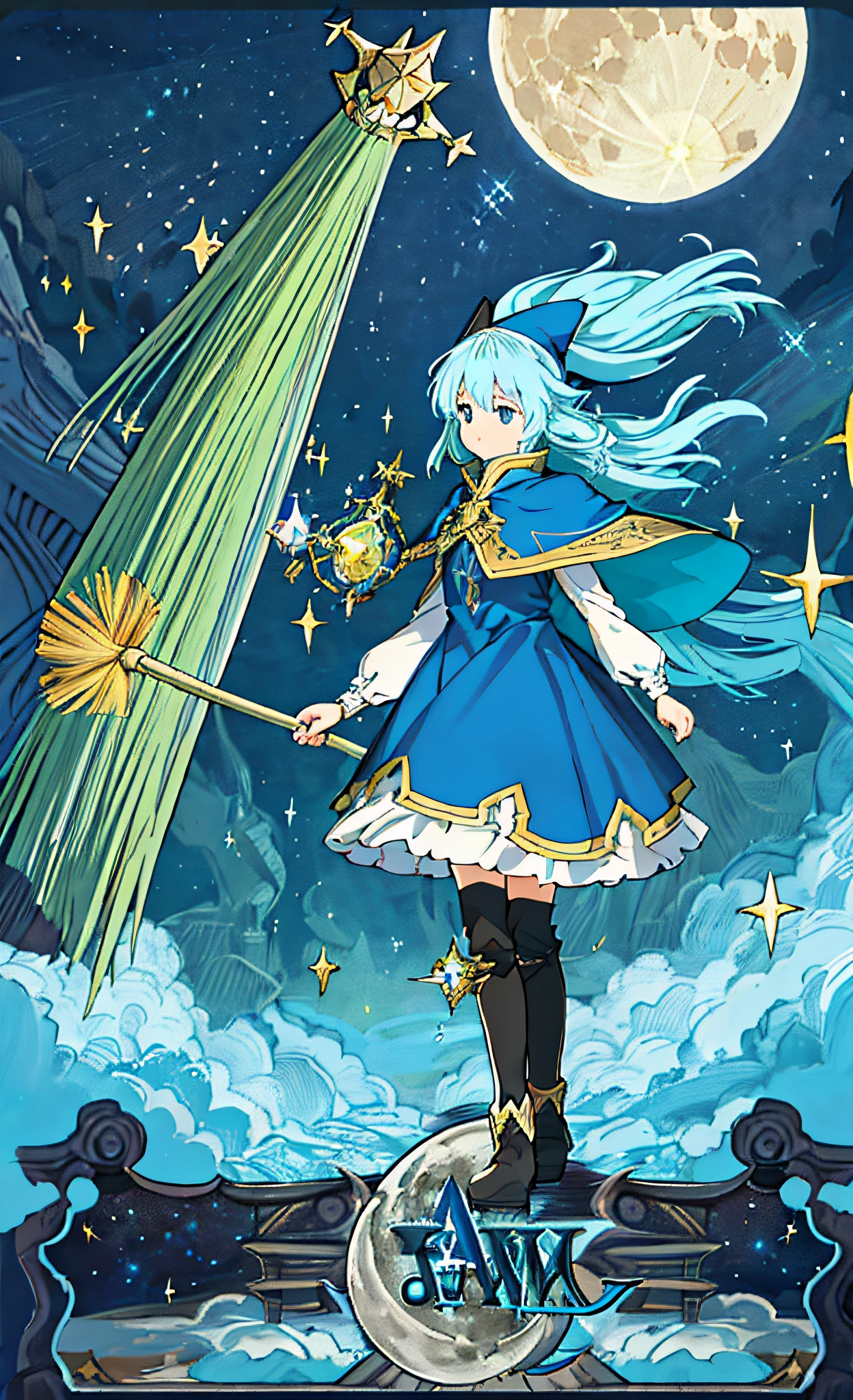 masterpiece, best quality, ultra-detailed, illustration, 1girl, solo, fantasy, flying, broom, night sky, outdoors, magic, spells, moon, stars, clouds, wind, hair, cape, hat, boots, broomstick, glowing, mysterious, enchanting, whimsical, playful, adventurous, freedom, wonder, imagination, determination, skill, speed, movement, energy, realism, naturalistic, figurative, representational, beauty, fantasy culture, mythology, fairy tales, folklore, legends, witches, wizards, magical creatures, fantasy worlds, composition, scale, foreground, middle ground, background, perspective, light, color, texture, detail, beauty, wonder.