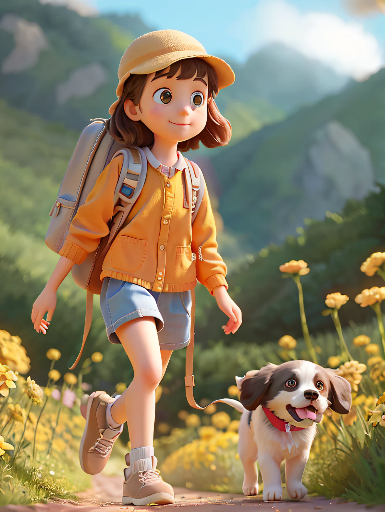 A very charming  girl with a backpack and her cute border collie puppy enjoying a lovely spring outing surrounded by beautiful yellow flowers and nature. The illustration is a high-definition illustration in 4K resolution with highly detailed facial features and cartoon-style visuals.