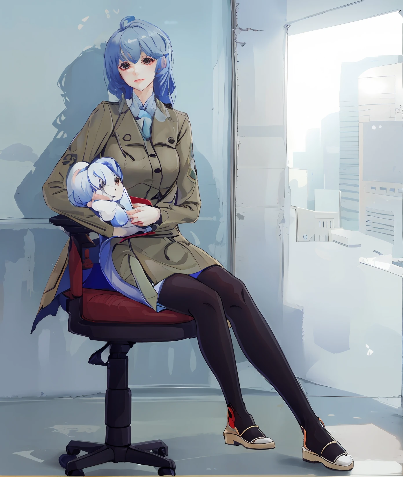 light blue  hair，Brown trench coat，Translucent black silk，Interior office background，Two-dimensional style，Off-white sweater，Black hip skirt，Rich facial expressions，Smiling，Fine fine skin，Black high heels，8K，the highest picture quality，Primary color figure Ganyu，Brown eyes，Holding a doll，sit on chair，anime big breast，office room，Office chair，Reasonably large facial structure，Vivid with God's eyes，Smiling，Indoor office scene