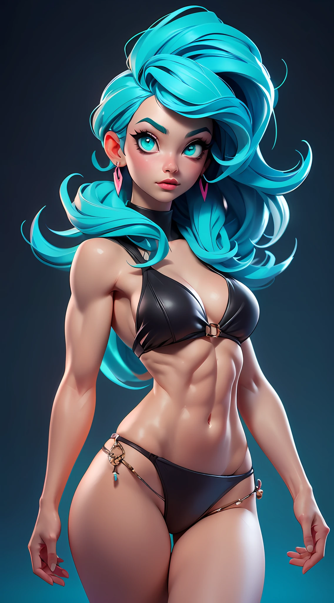 ((Best Quality)), ((Masterpiece)), ((Realistic)) and ultra-detailed photography of a 1nerdy girl with goth and neon colors. She has ((turquoise hair)), wears a small skimpy black bikini thong , ((beautiful and aesthetic)), muscular fit body abs, sexy, under-boobs, hot