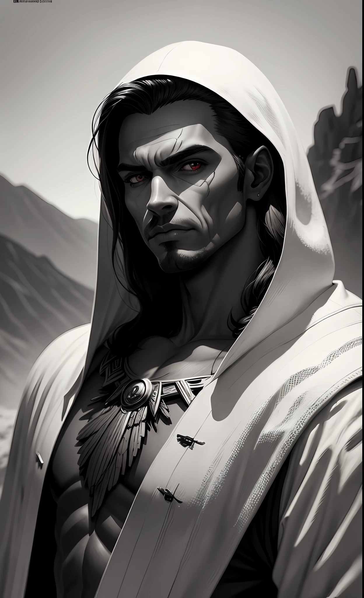 Silhueta de um homem sentado no alto de uma montanha, arte preta e branco, super detailed illustration.