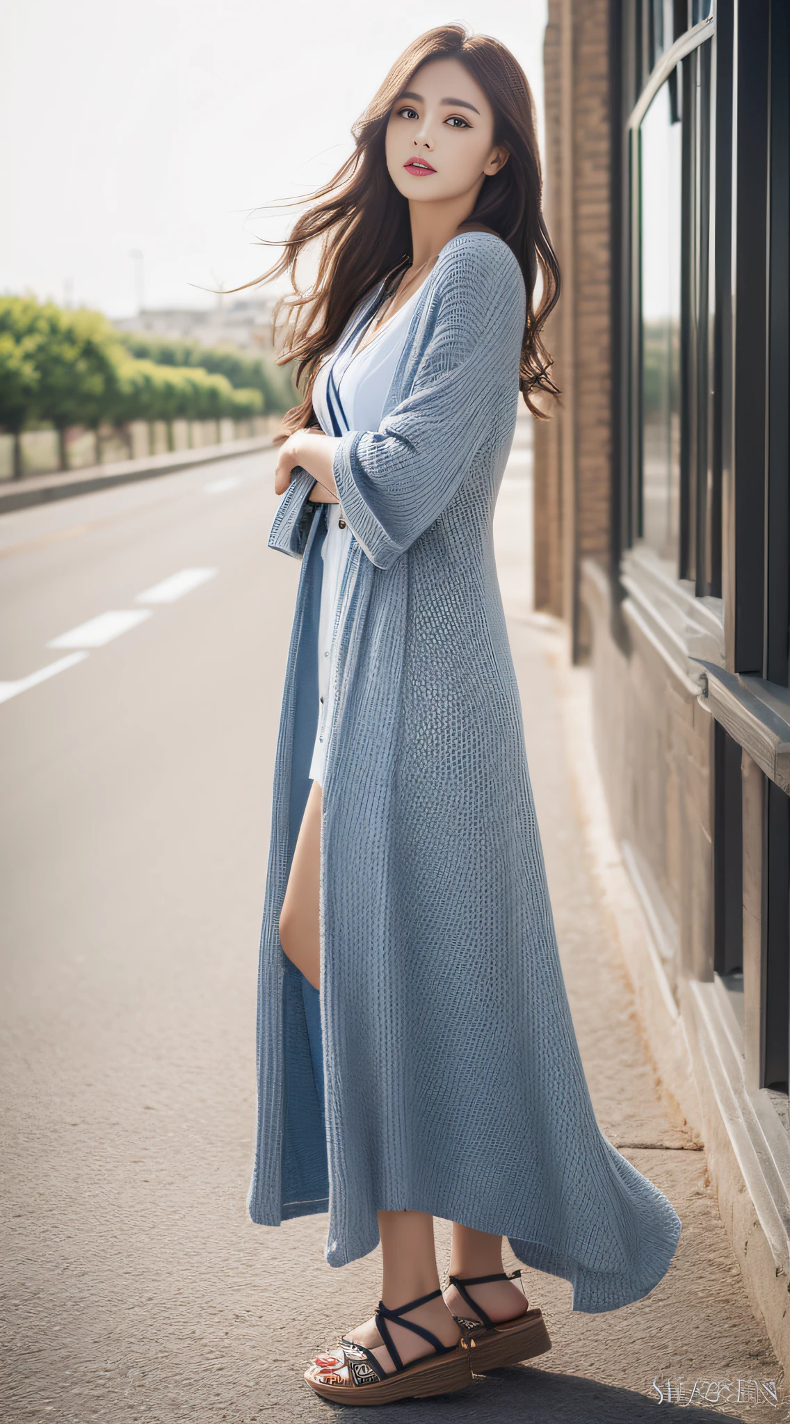A super beautiful girl，Big bright eyes，Cool feeling，(fashion magazine coer:1.3)，（maxi dress, cardigan, gladiator sandals），(exteriors)